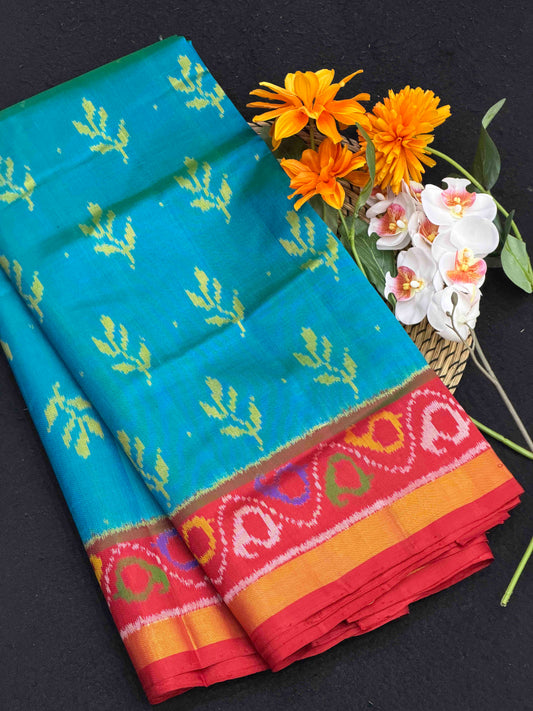 Red & Teal blue 5 leaves fancy Patola Saree