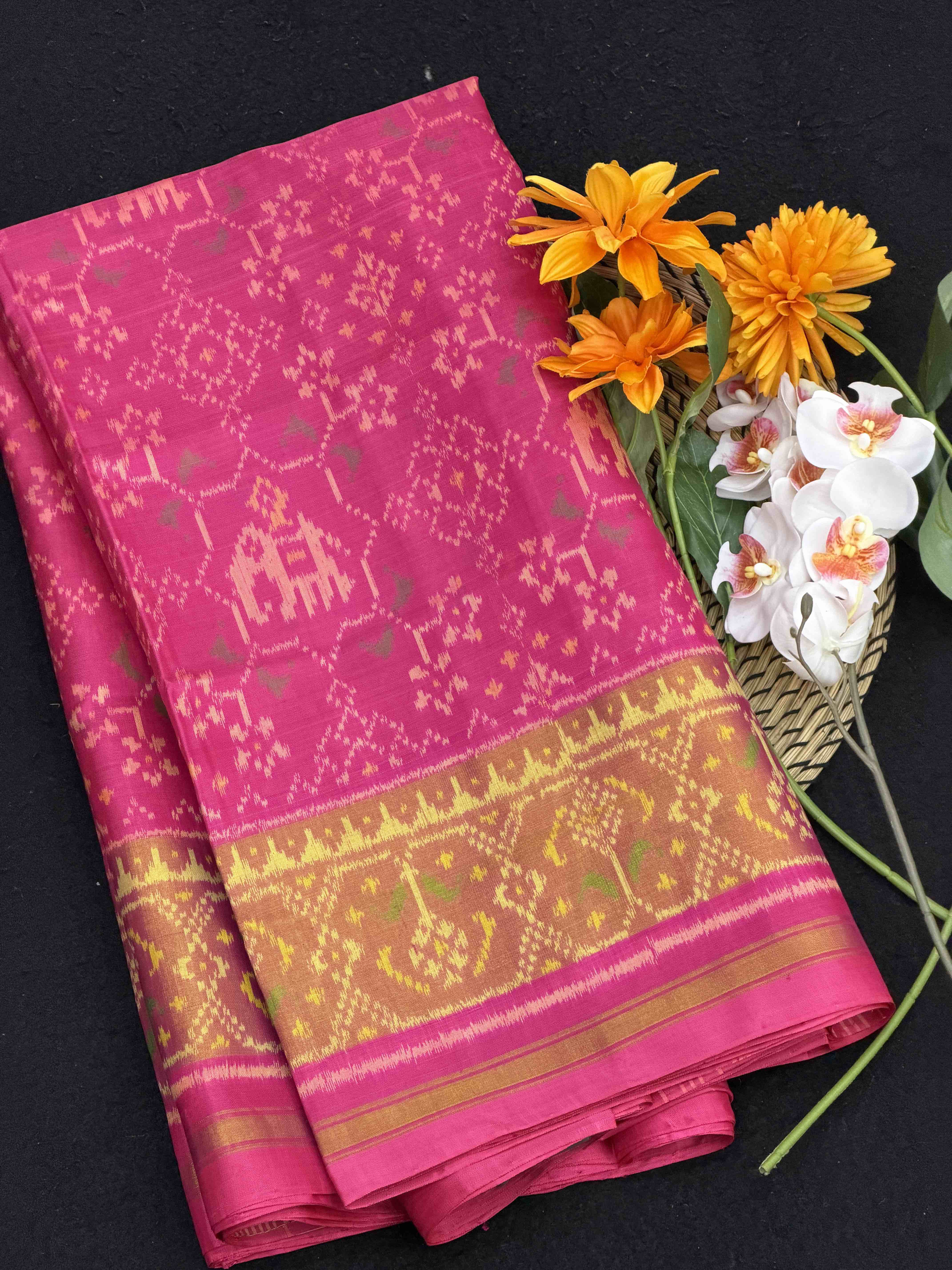 Pink Navaratan Hathi tissue border Rajkot Patola Saree