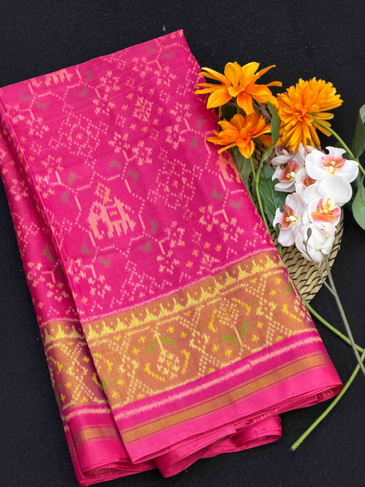 Pink Navaratan Hathi tissue border Rajkot Patola Saree