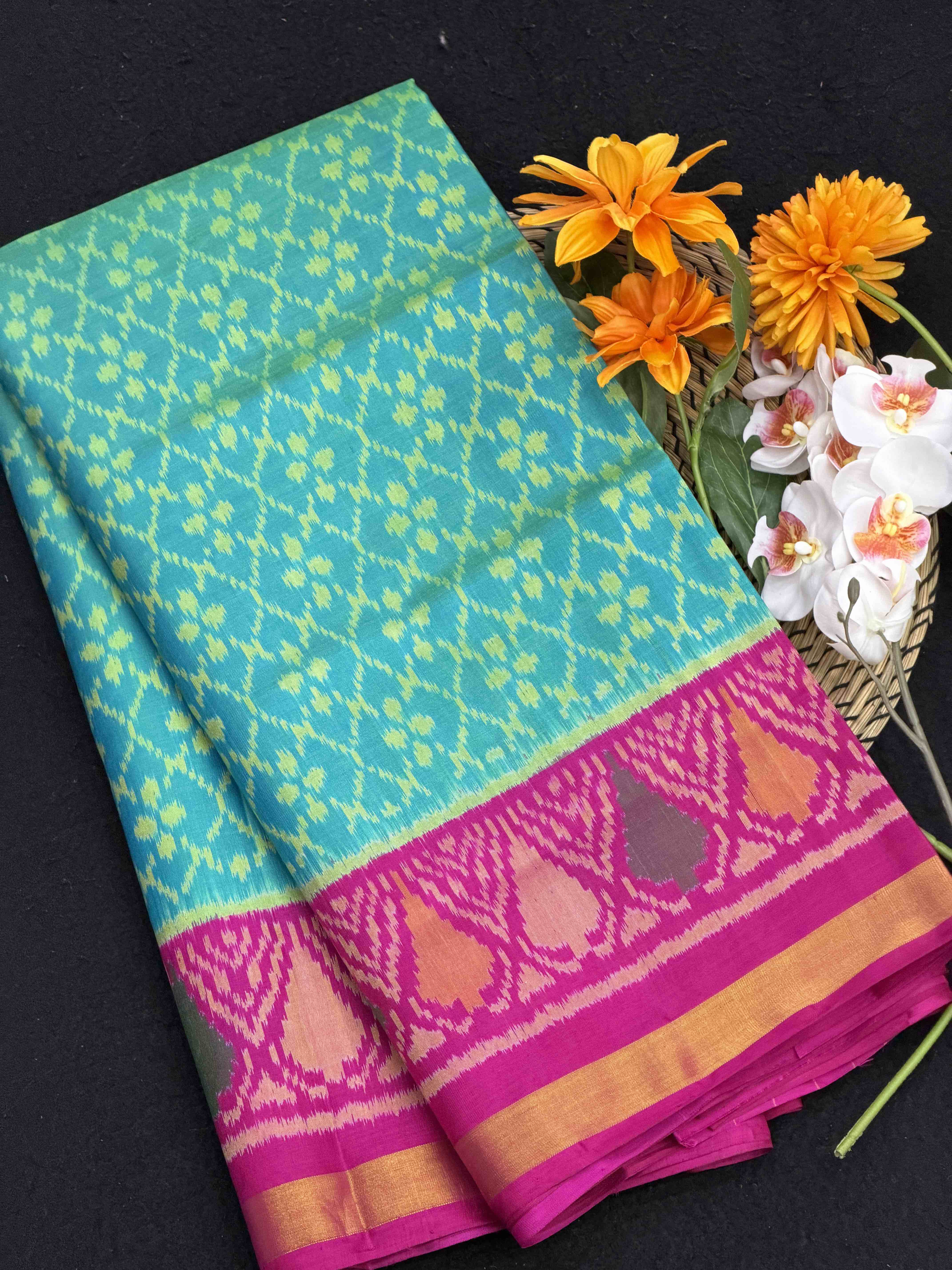 Pink & Cyan Fancy design Rajkot patola Saree