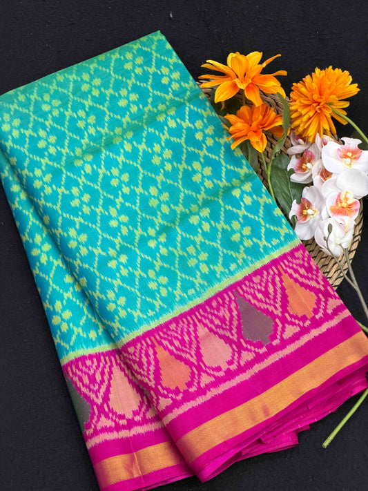 Pink & Cyan Fancy design Rajkot patola Saree
