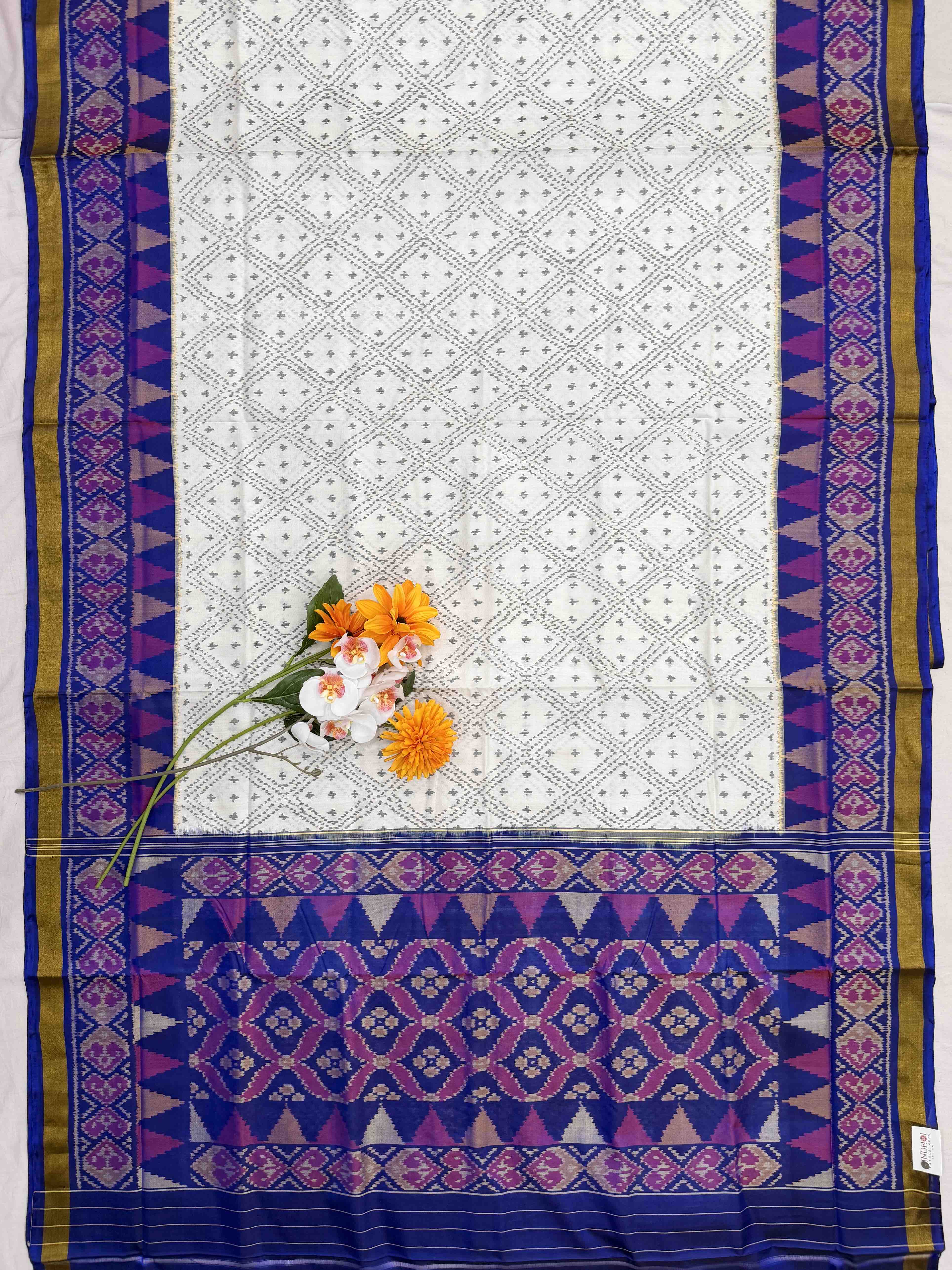 Blue & White diamond chex Rajkot Patola Saree
