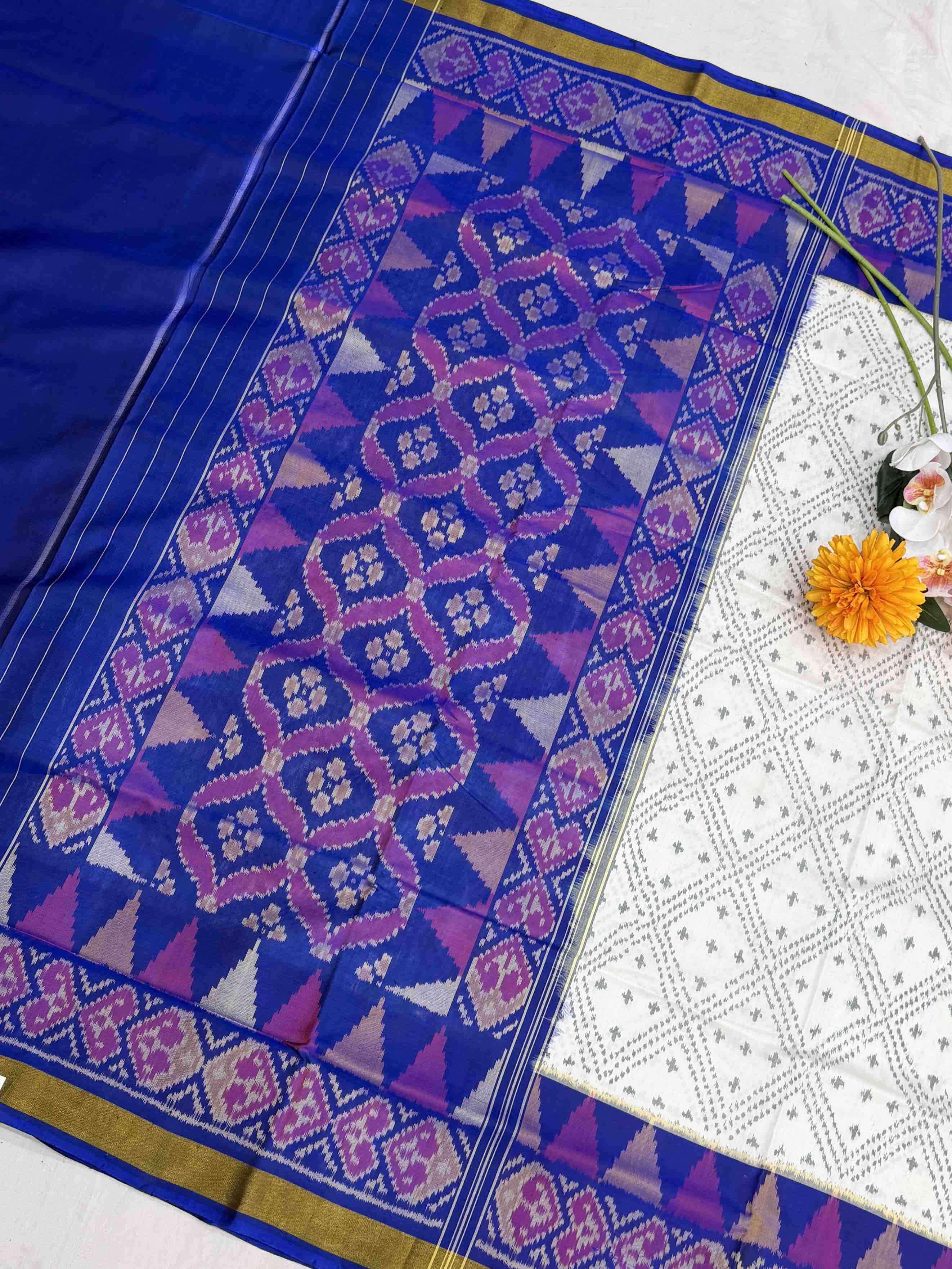 Blue & White diamond chex Rajkot Patola Saree