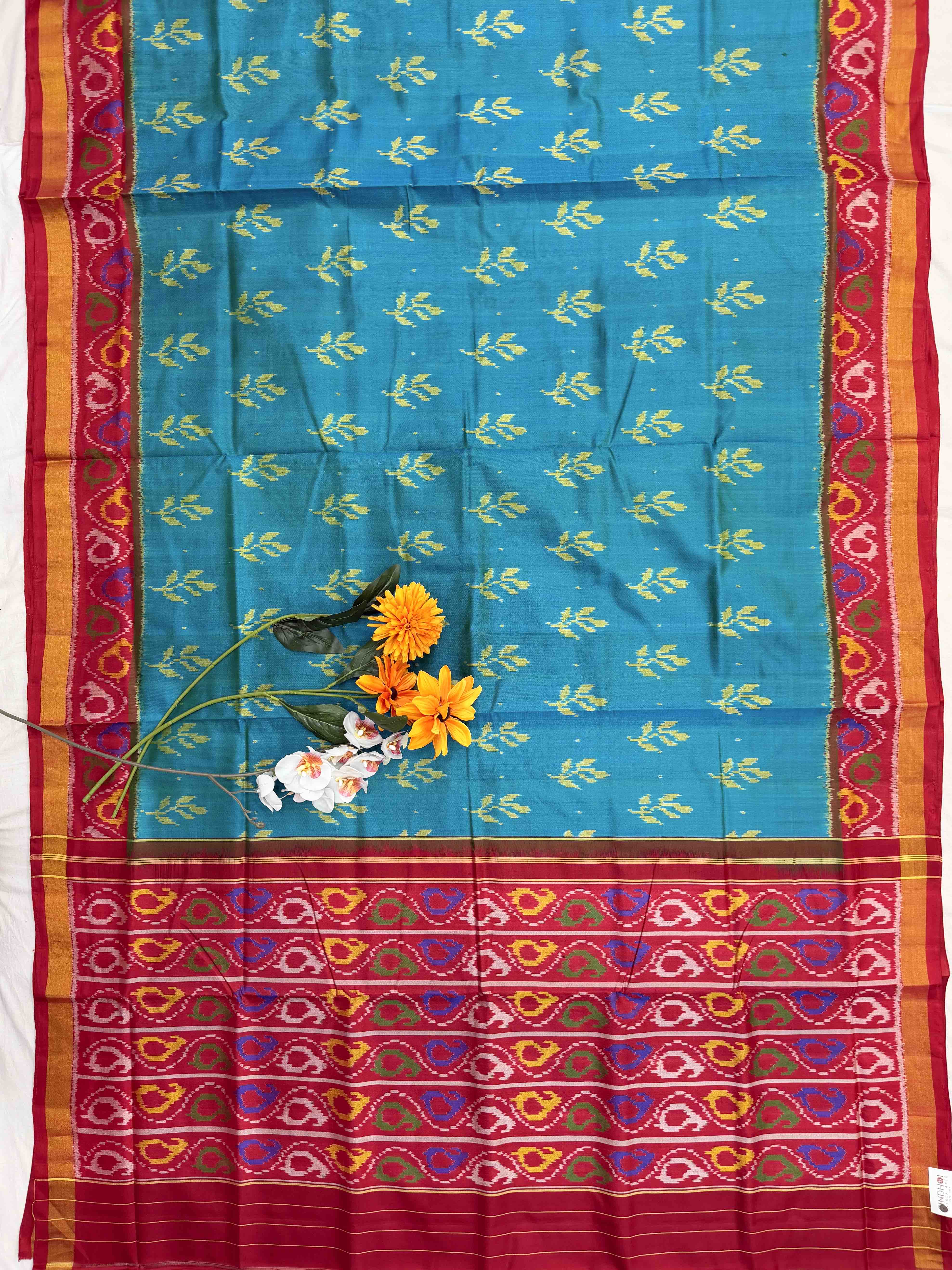 Red & Teal blue 5 leaves fancy Patola Saree