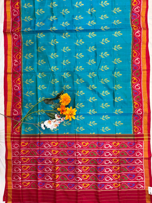 Red & Teal blue 5 leaves fancy Patola Saree