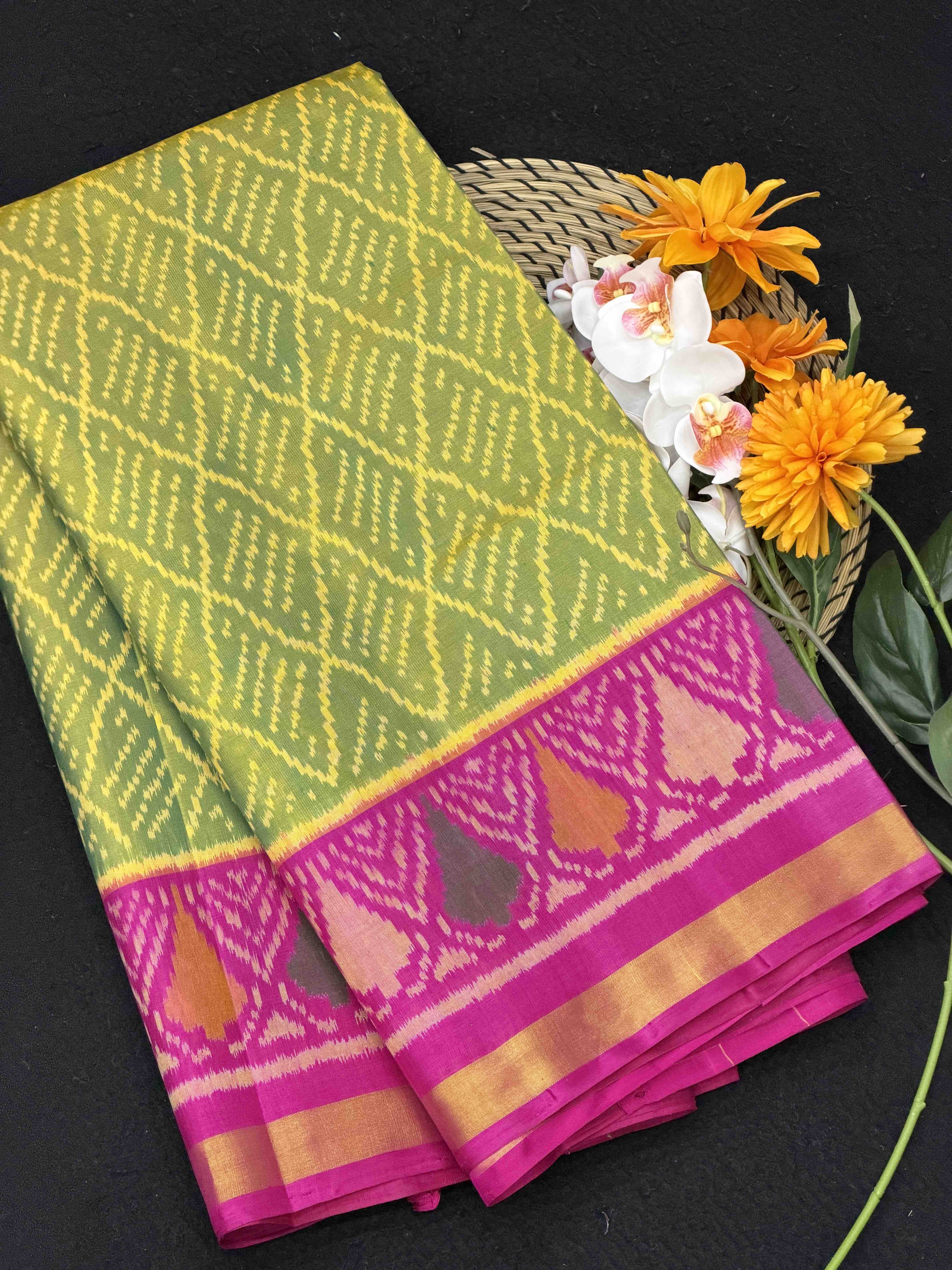 Pink & Parrot yellow shaded Patola Saree