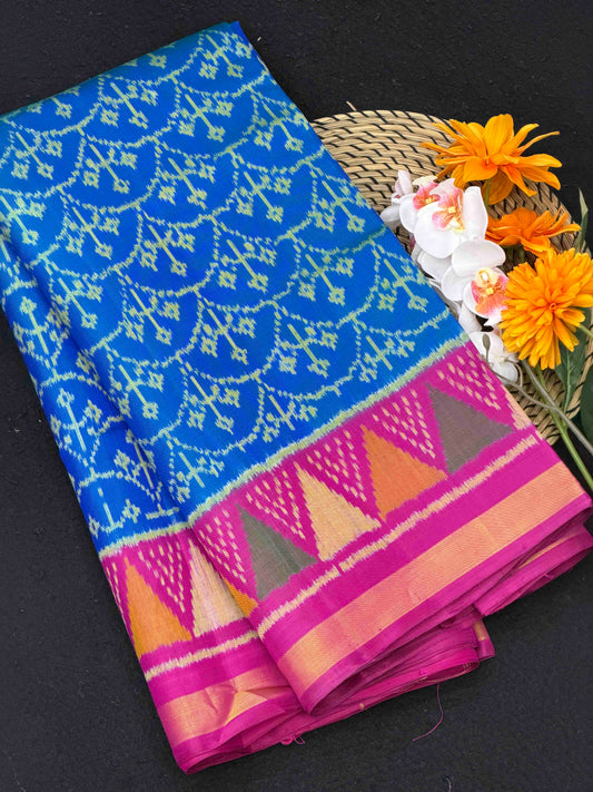 Pink & Peacok blue palm leaf Patola Saree