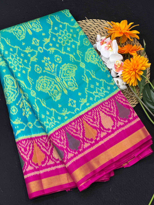 Pink & Cyan chhabdi butterfly Rajkot Patola Saree