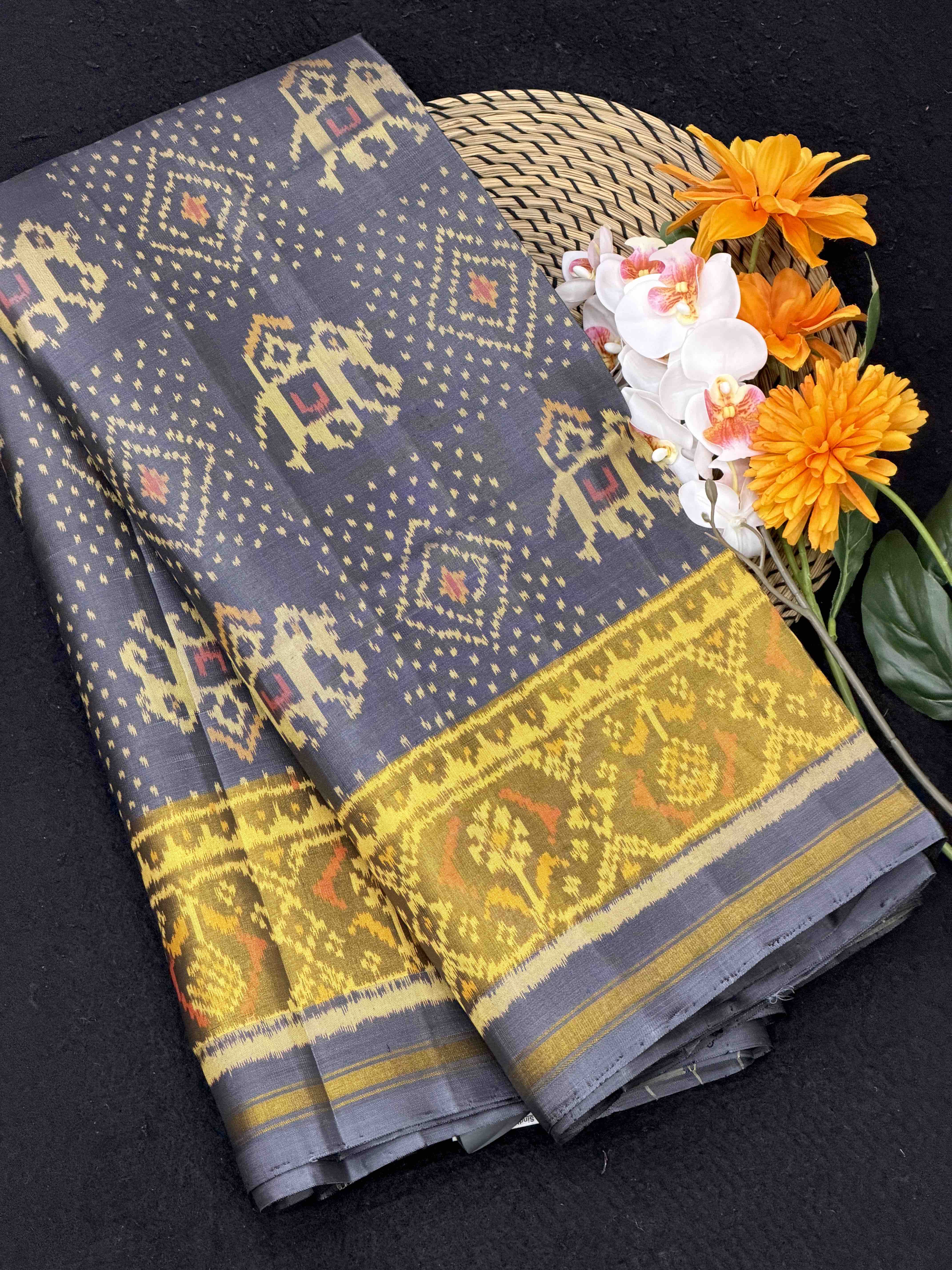 Grey Bandhani & Hathi design Rajkot Patola Saree