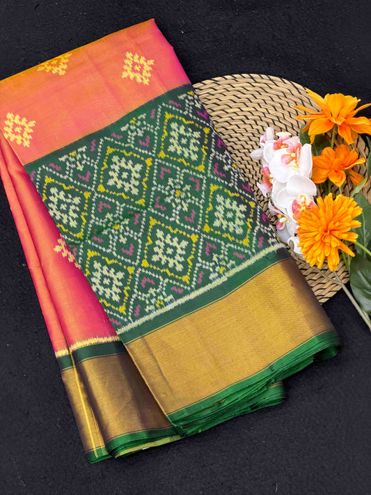 Green & peach skirt border Patola Saree