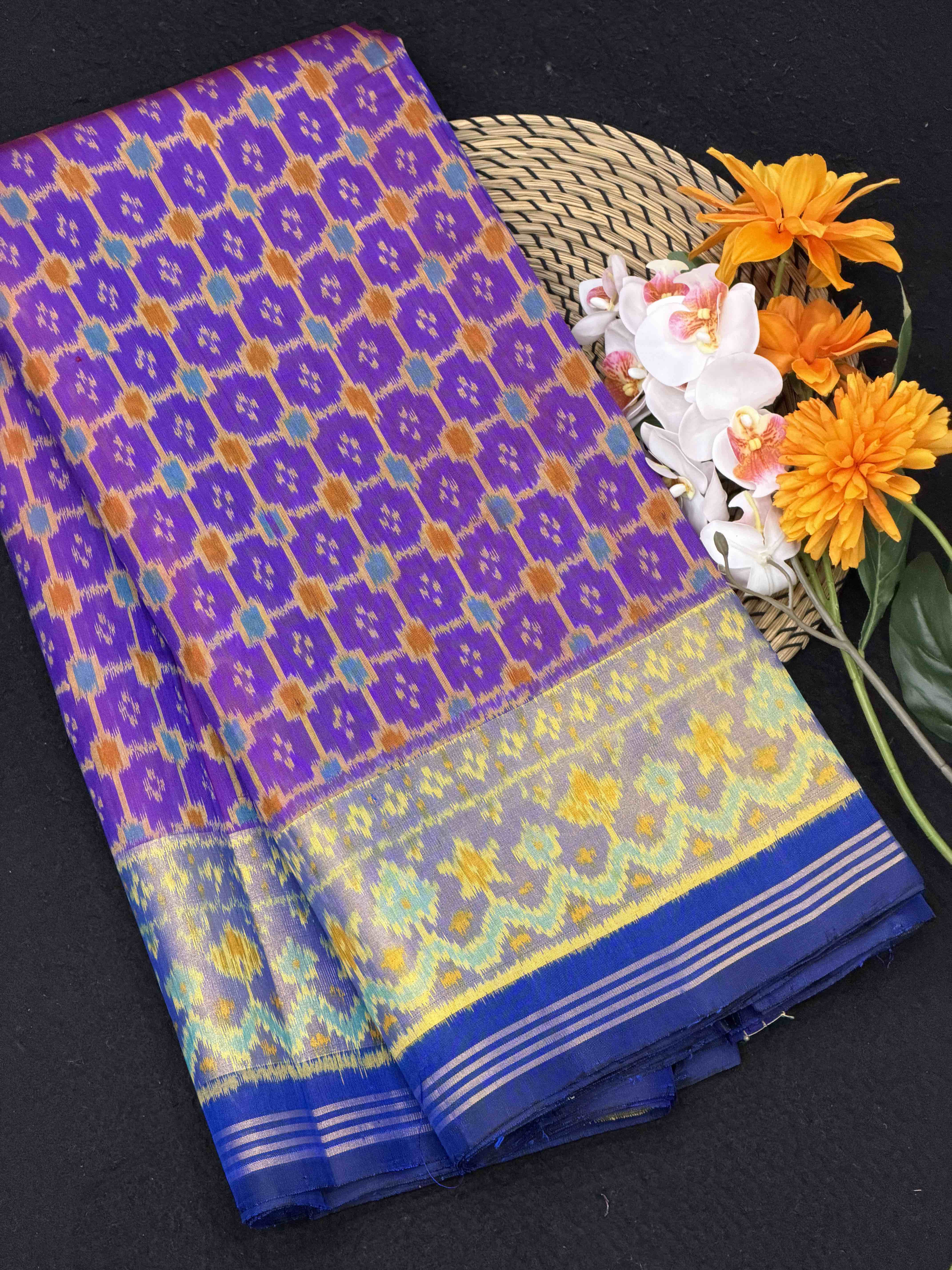 Blue & Purple Fancy Chex Tissue Border Patola Saree