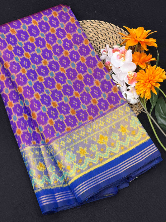 Blue & Purple Fancy Chex Tissue Border Patola Saree