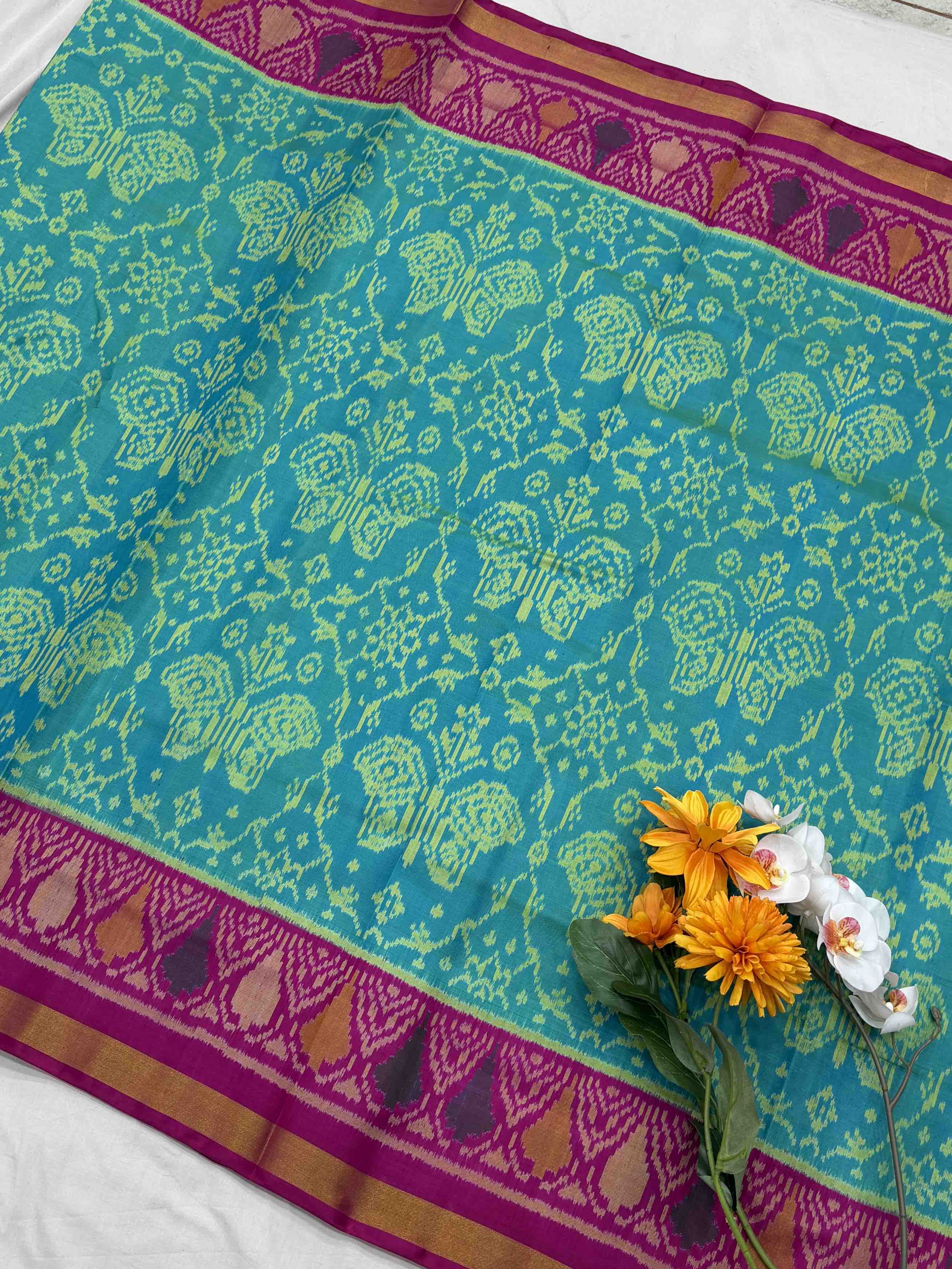 Pink & Cyan chhabdi butterfly Rajkot Patola Saree