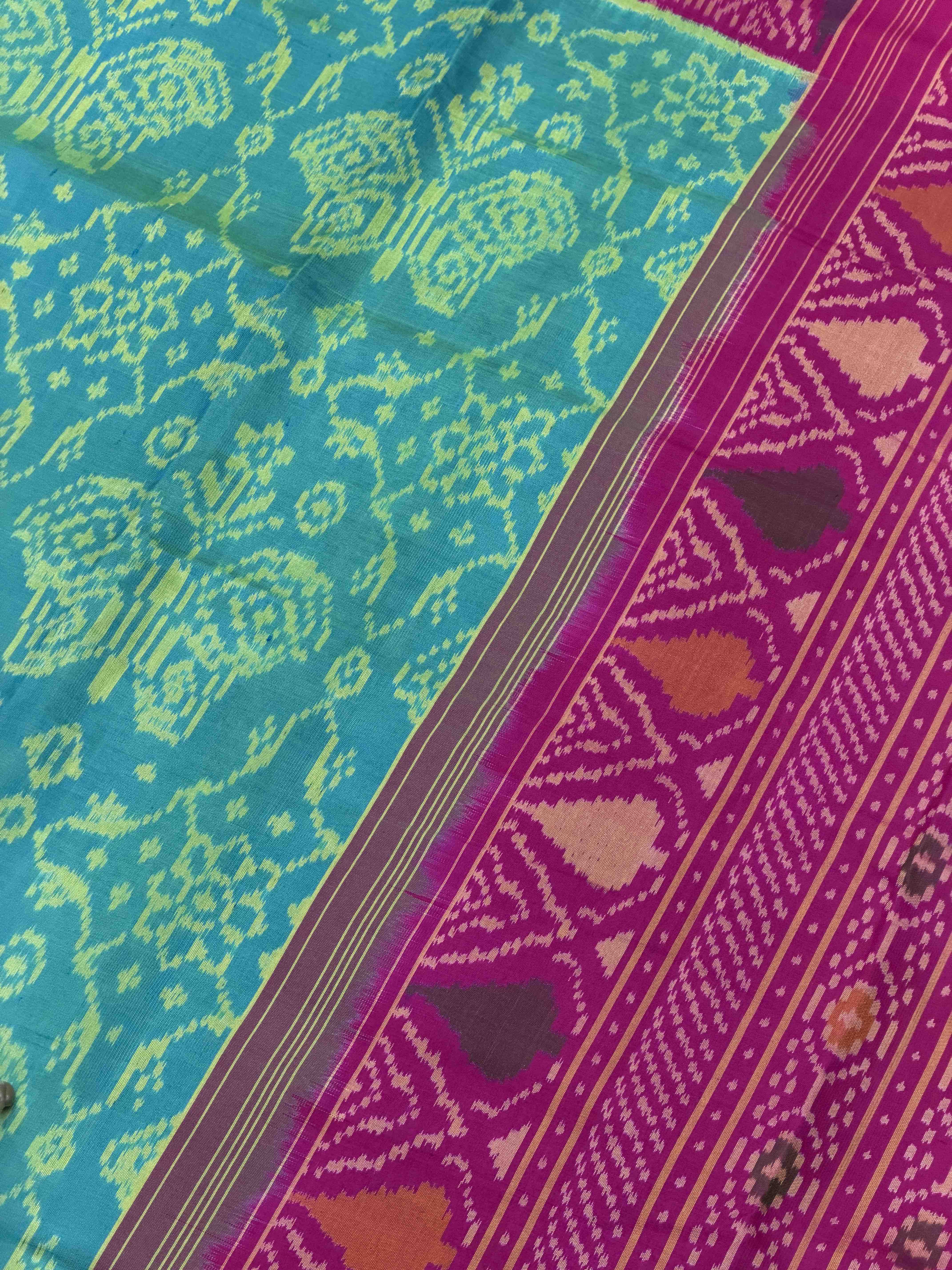 Pink & Cyan chhabdi butterfly Rajkot Patola Saree