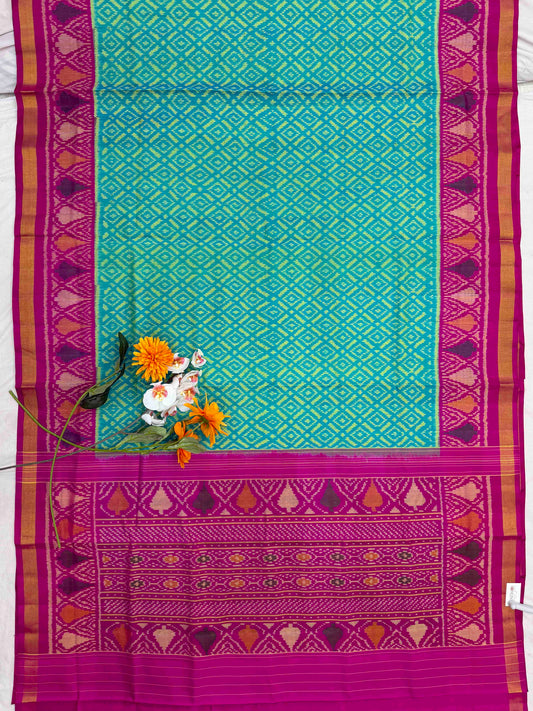 Pink & Aqua Blue Beautiful Patola Saree in small zari border