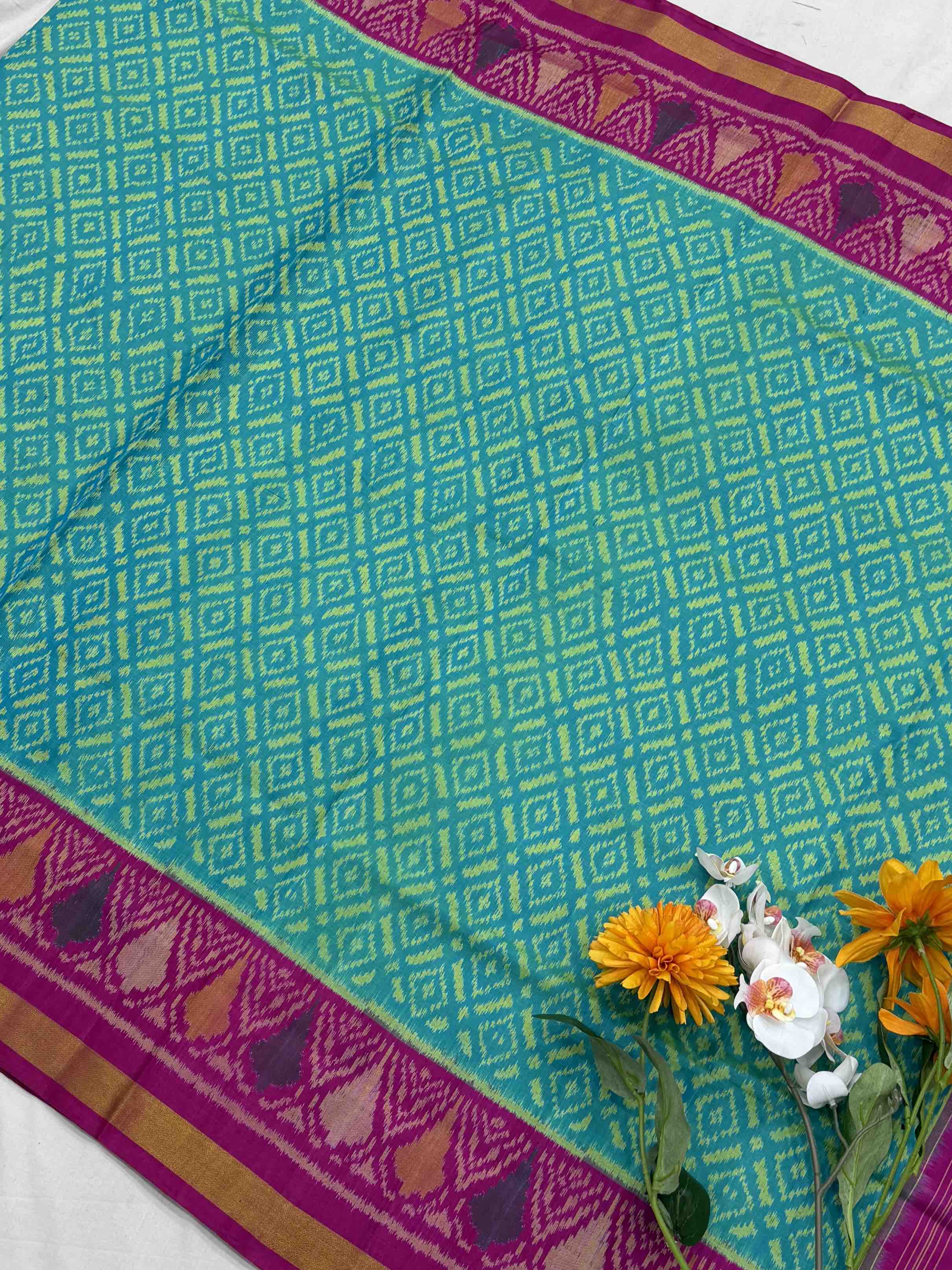 Pink & Aqua Blue Beautiful Patola Saree in small zari border