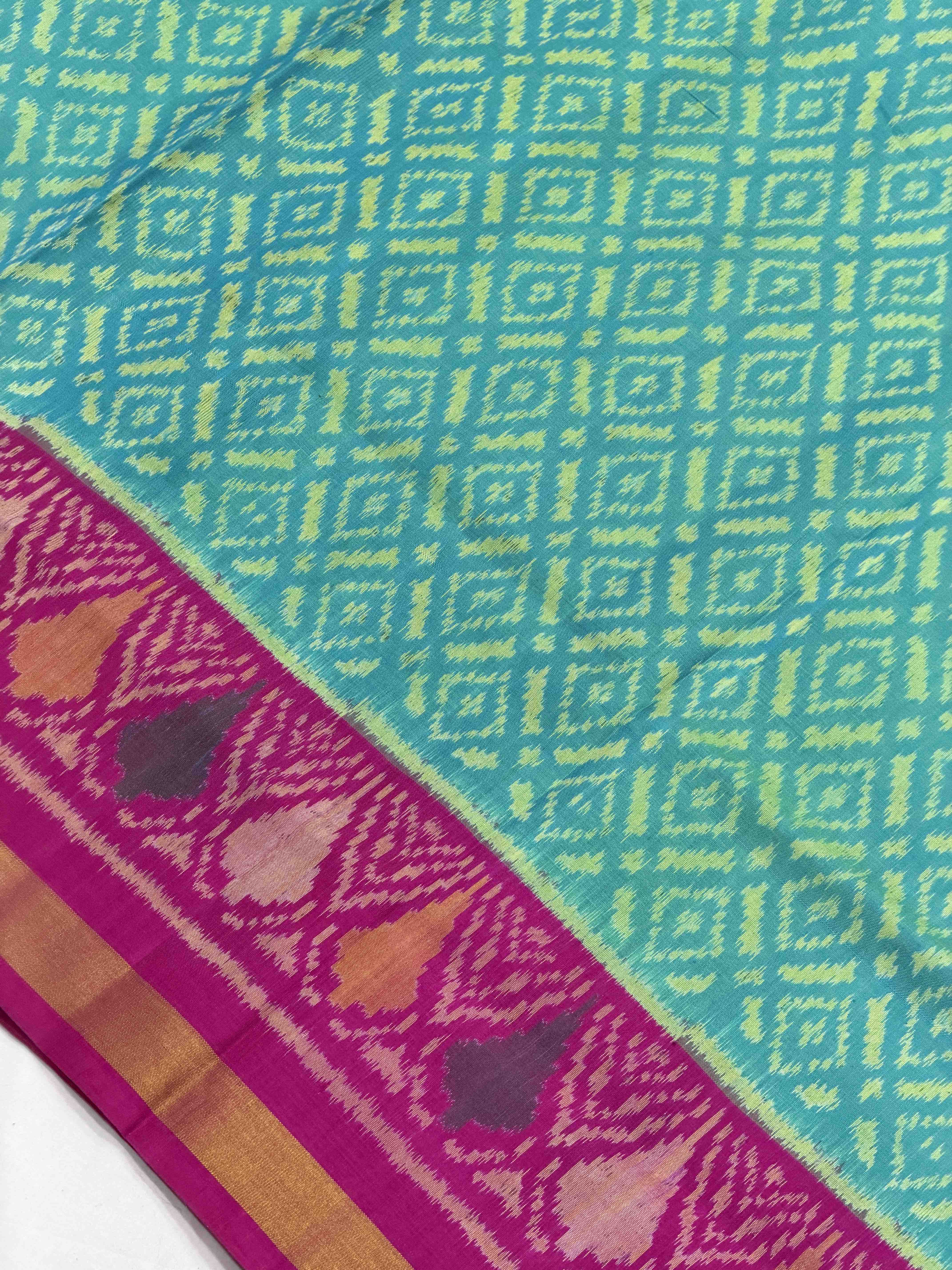 Pink & Aqua Blue Beautiful Patola Saree in small zari border