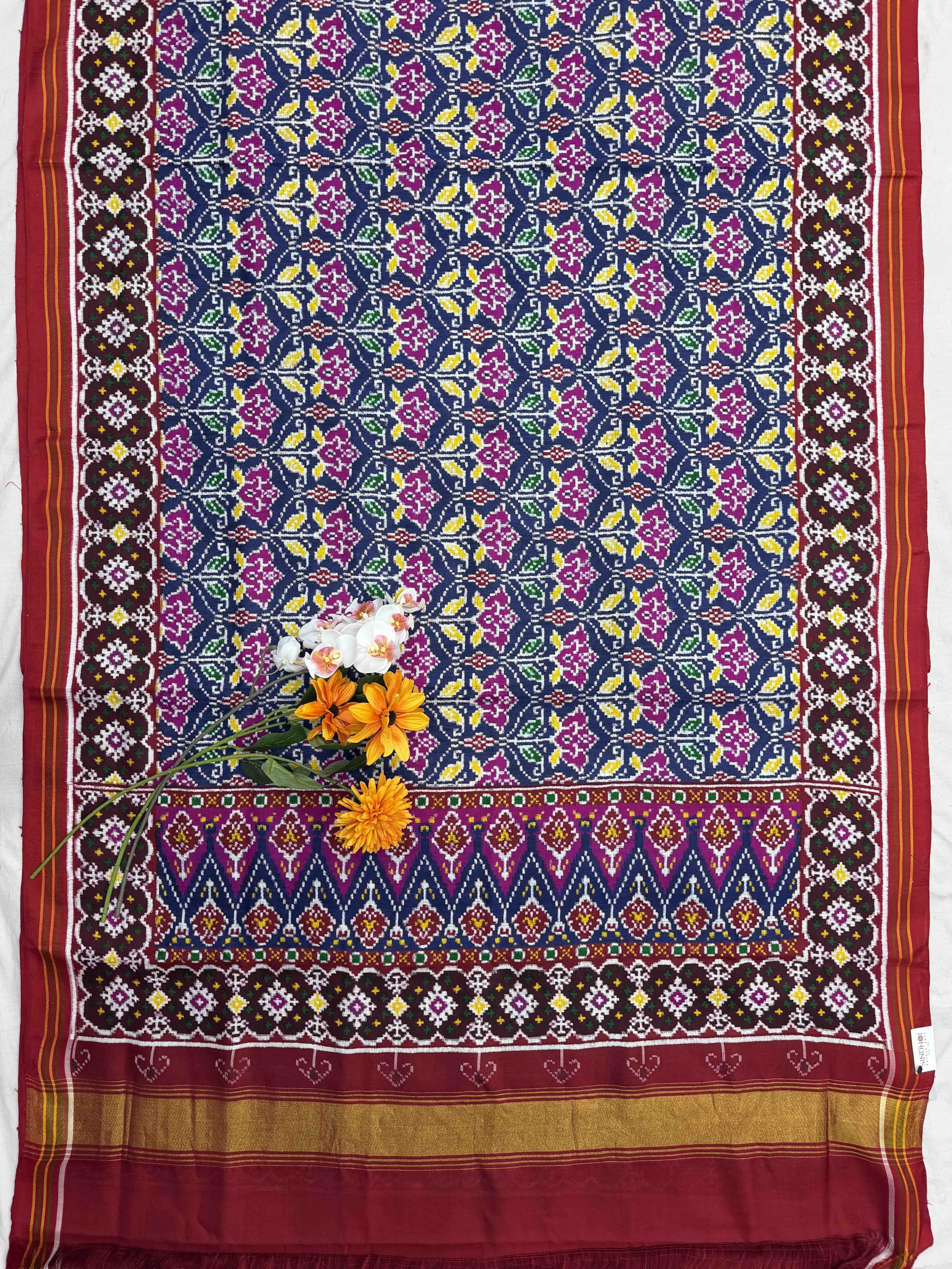Indigo & Red floral Double ikat Patola Saree