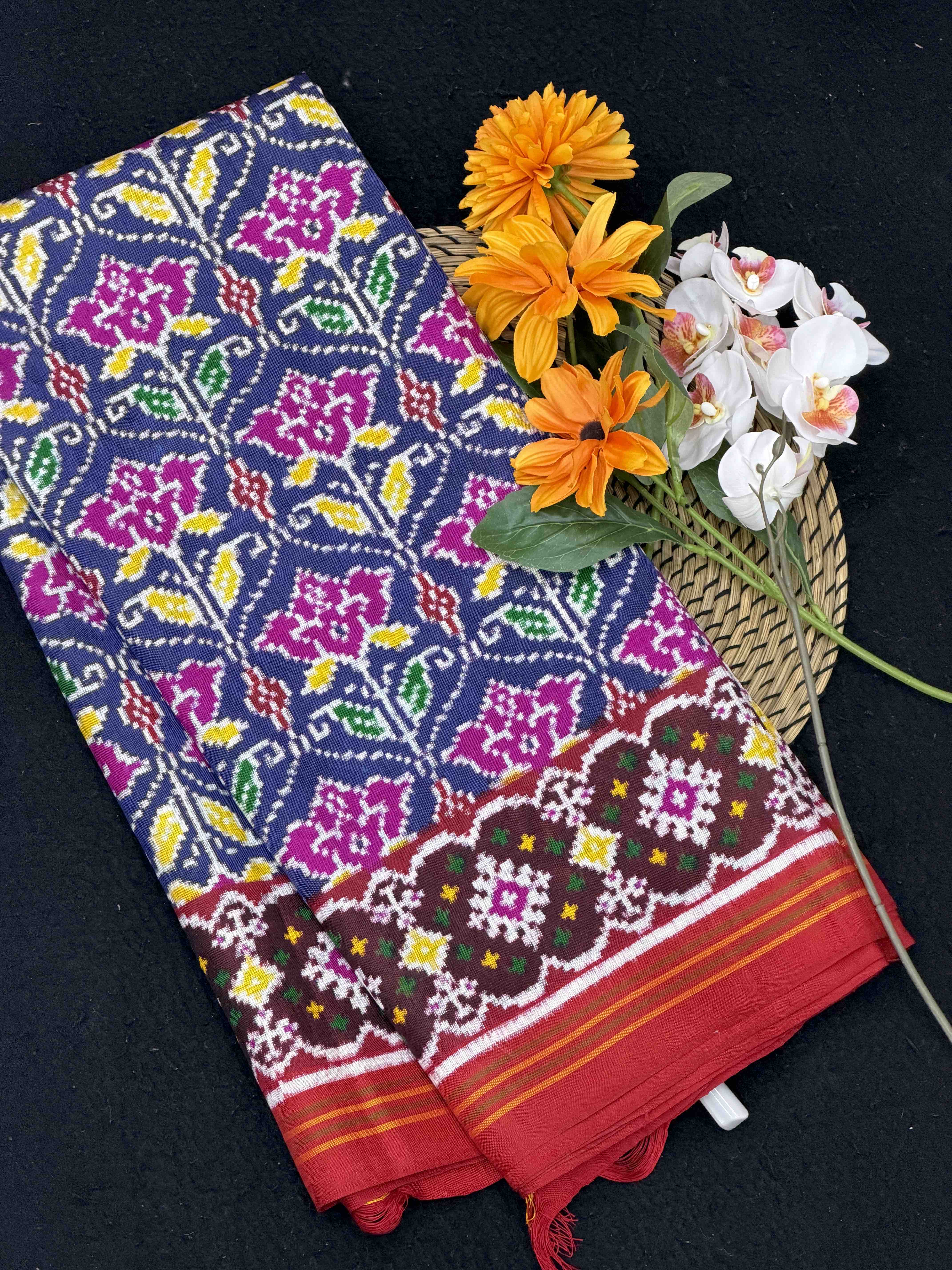Indigo & Red floral Double ikat Patola Saree