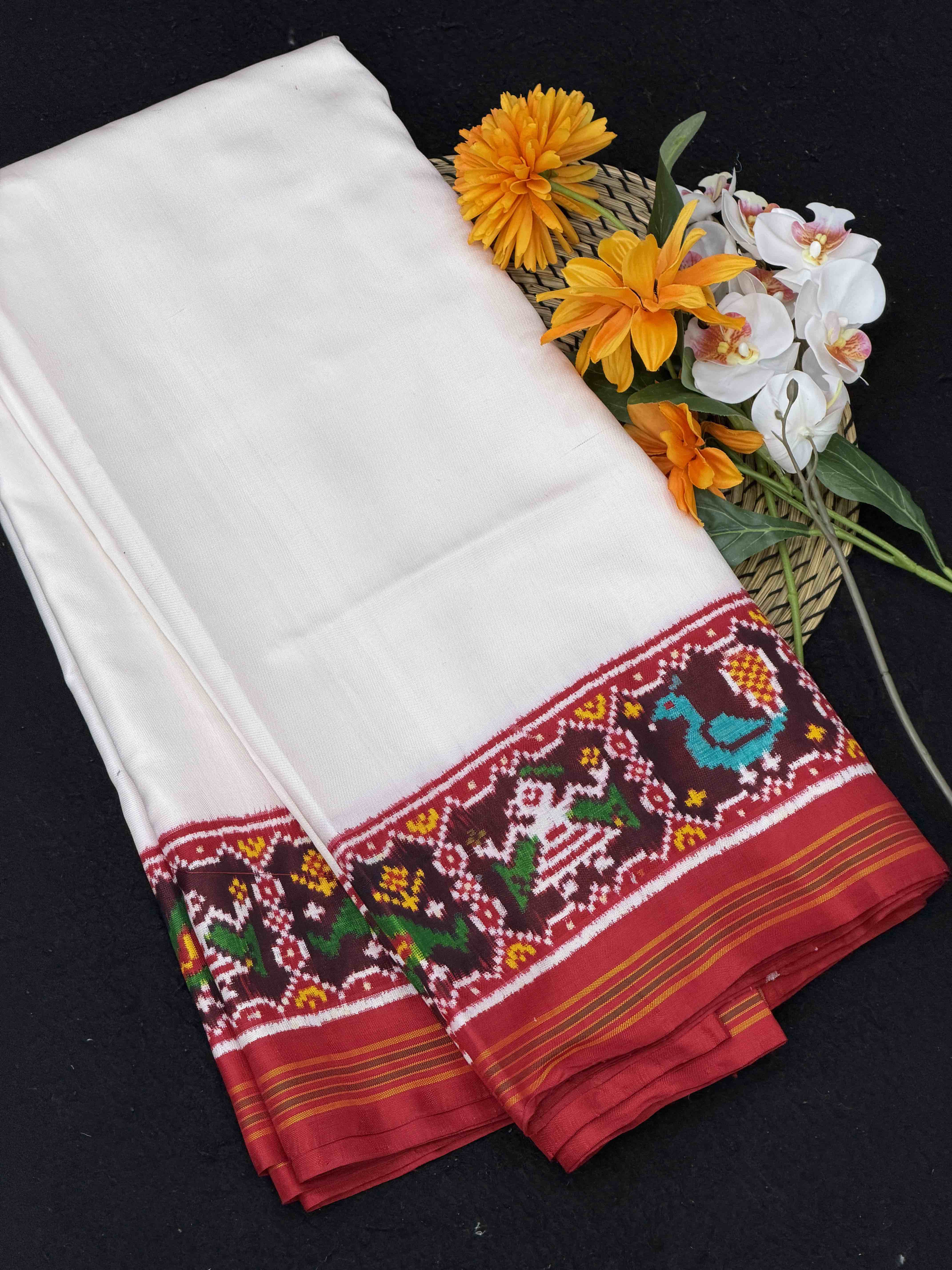 Red & white plain double ikat Patola Saree