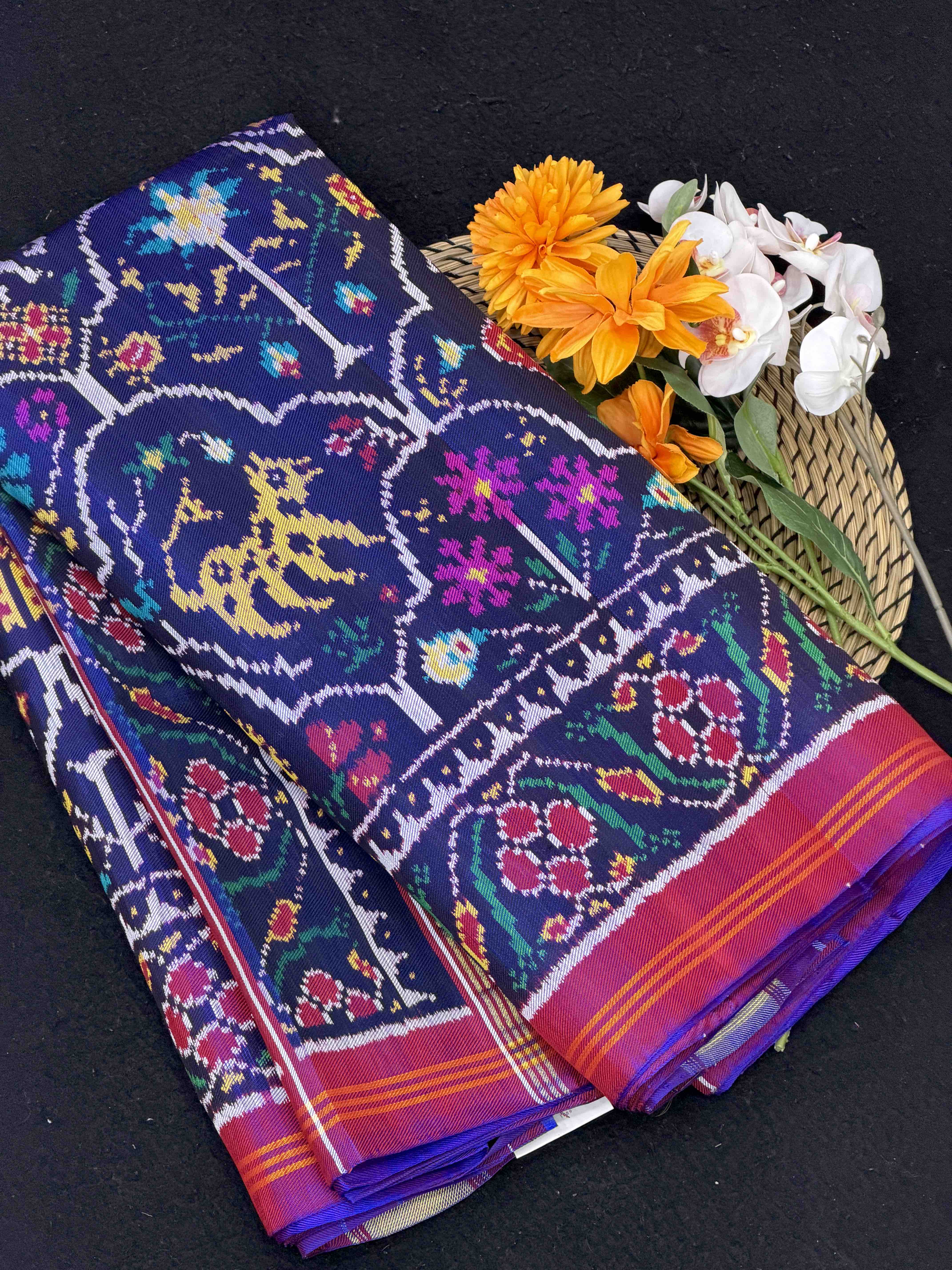Purple Blue motifs & floral Twill Patola Saree