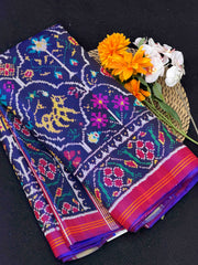 Purple Blue motifs & floral Twill Patola Saree