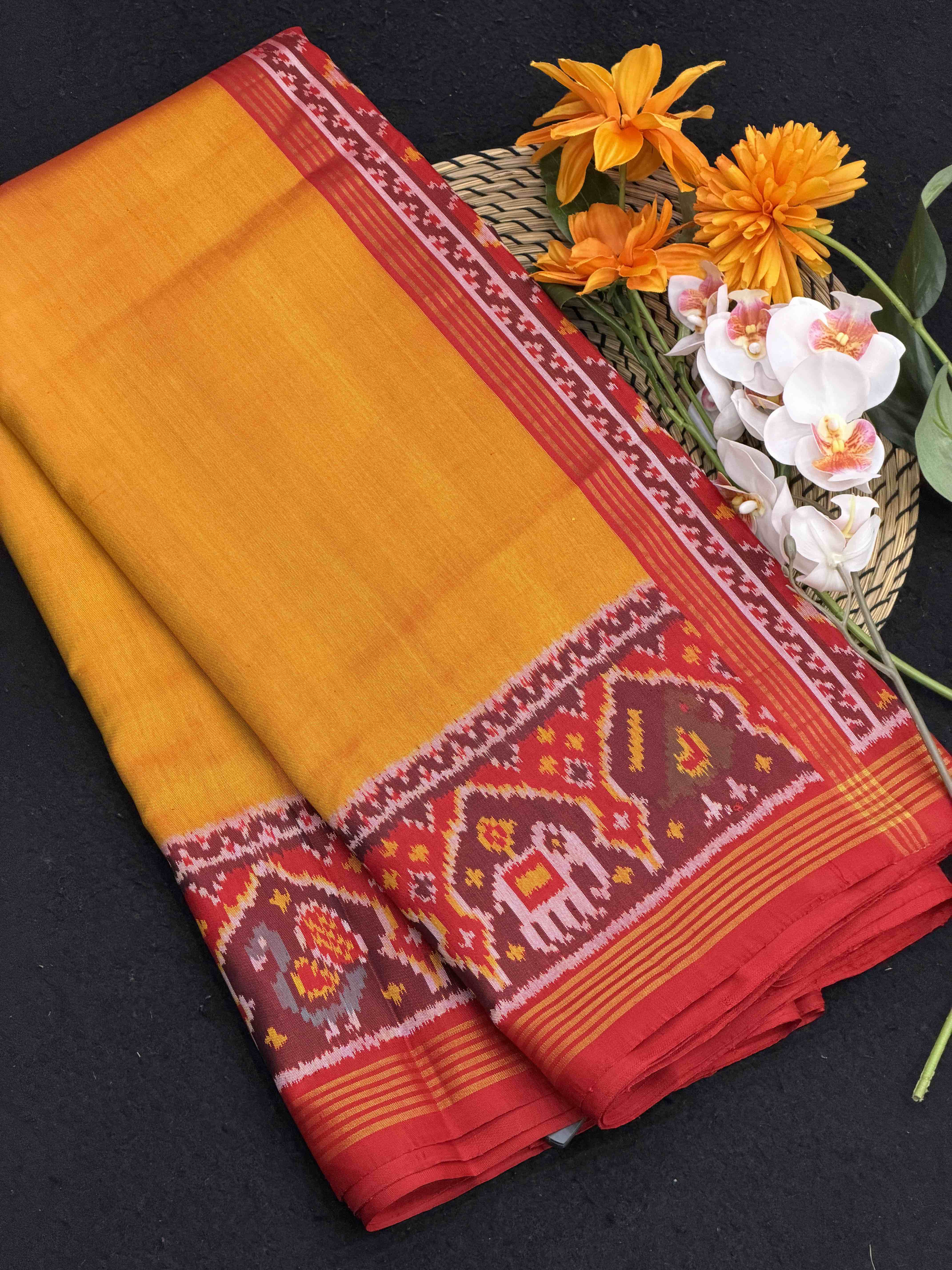 Red & mustered Plain Gala Border Patola with Navaratn design blouse