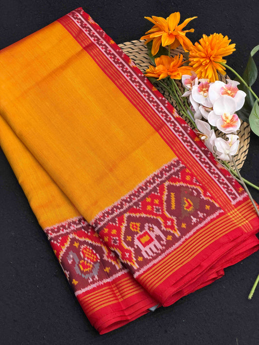Red & mustered Plain Gala Border Patola with Navaratn design blouse