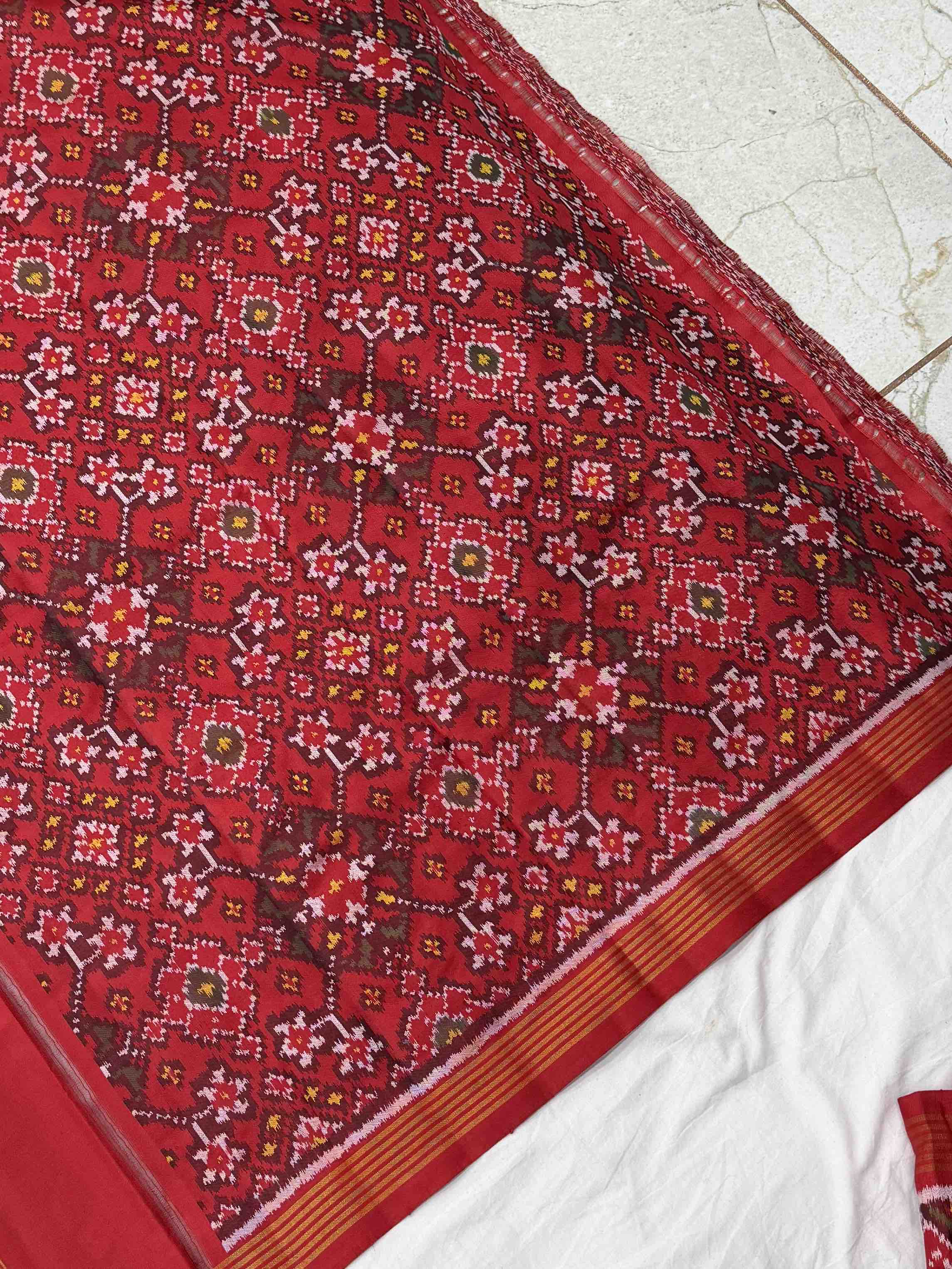 Red & mustered Plain Gala Border Patola with Navaratn design blouse