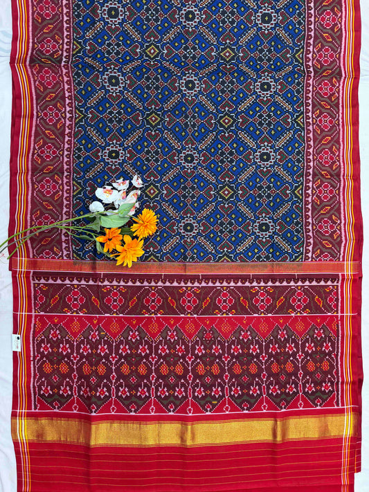 Red maroon & deep blue Manekchawk Single ikat Patola Saree
