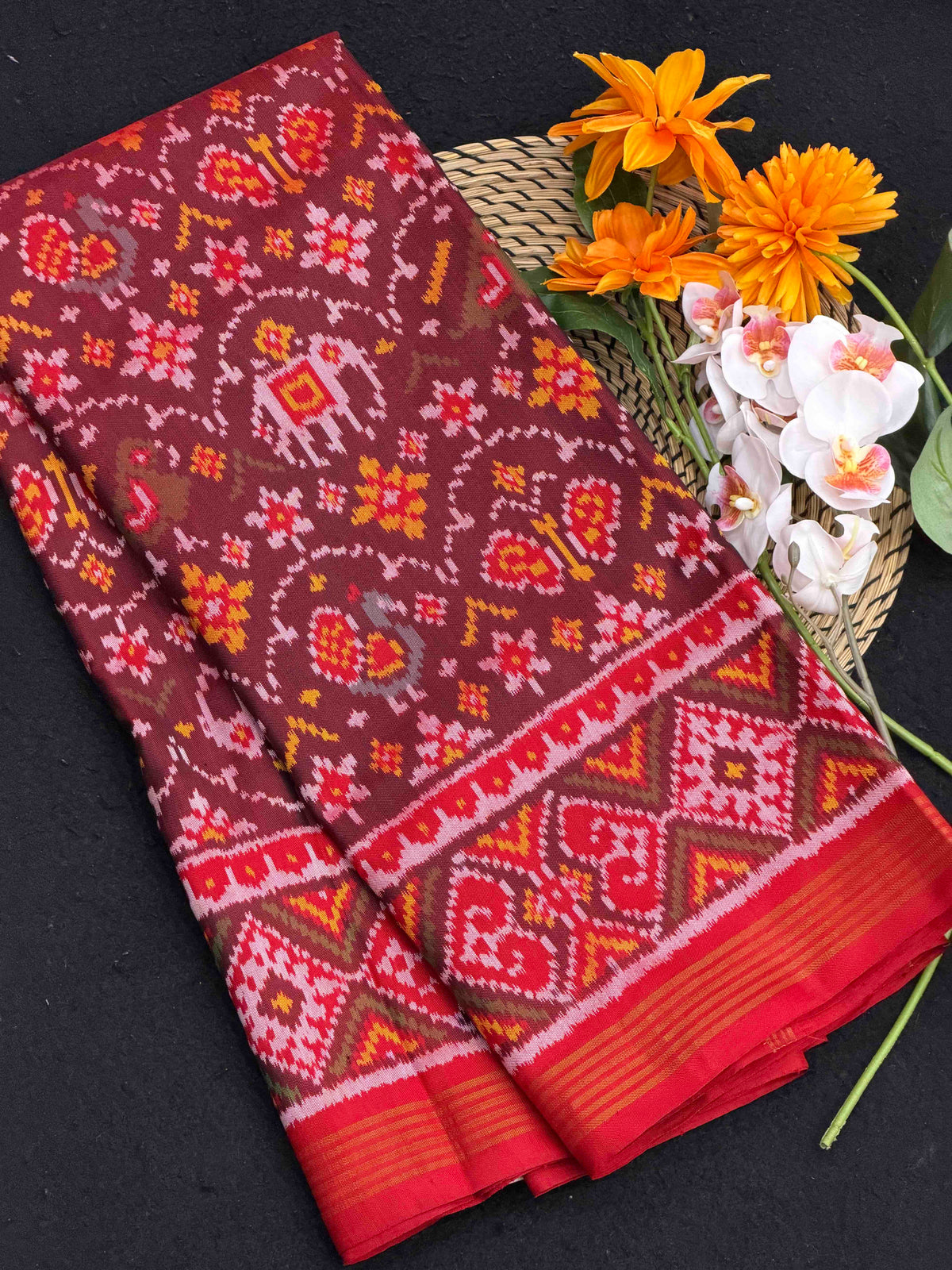 Red & Maroon Designer Narikunjar Patola in single ikat