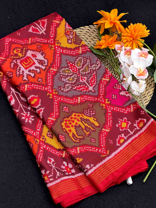 Red with multi coloured motifs Single ikat Patan Patola