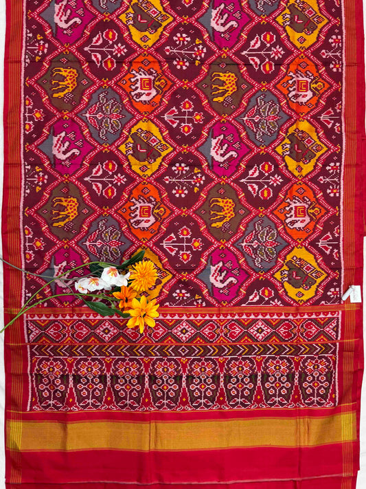 Red with multi coloured motifs Single ikat Patan Patola