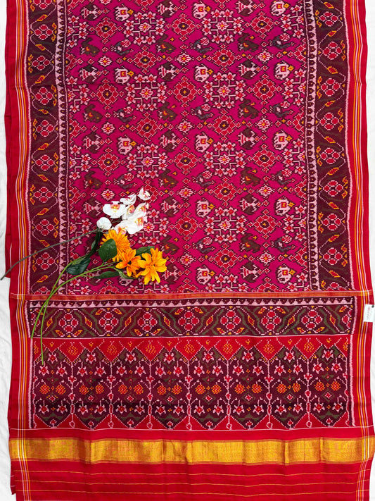 Red & pink navaratan narikunj Single ikat Patola Saree