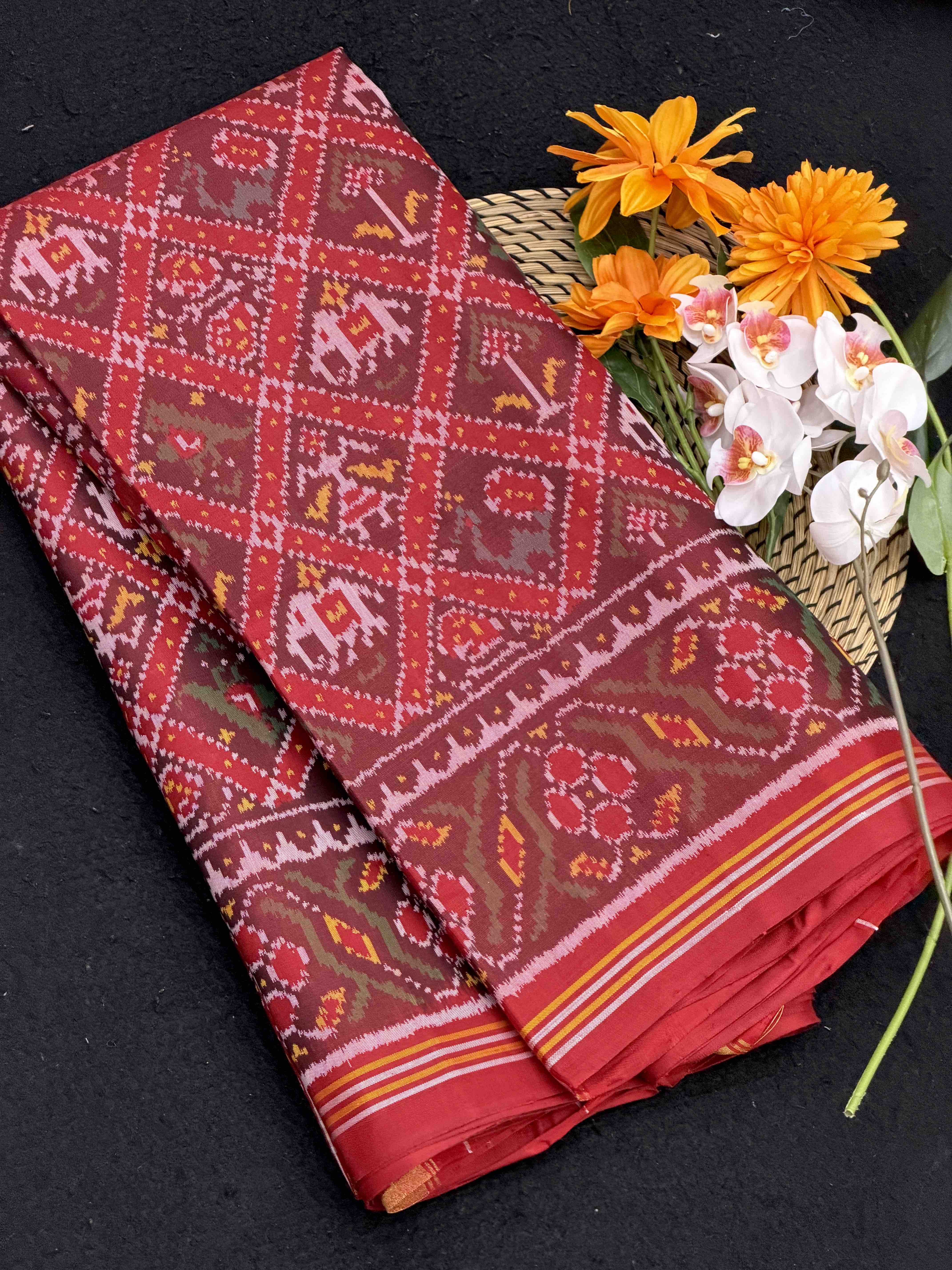 Maroon brown Narikunj single ikat Patola saree