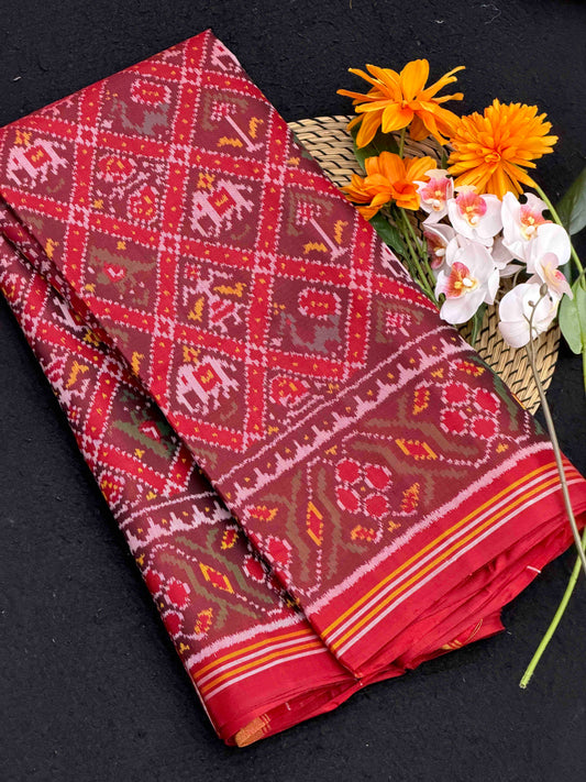 Maroon brown Narikunj single ikat Patola saree