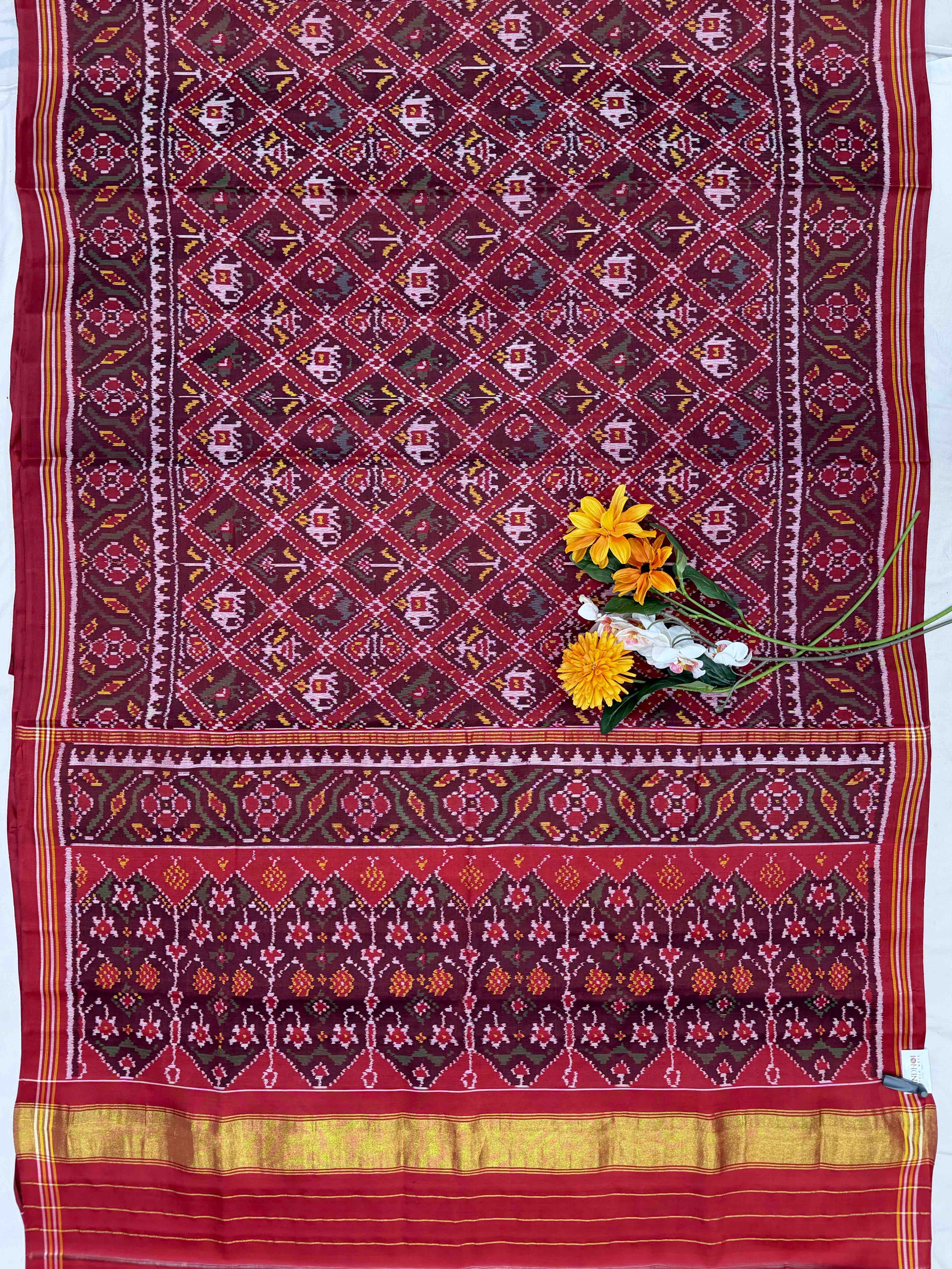 Maroon brown Narikunj single ikat Patola saree