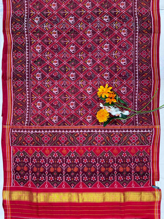 Maroon brown Narikunj single ikat Patola saree
