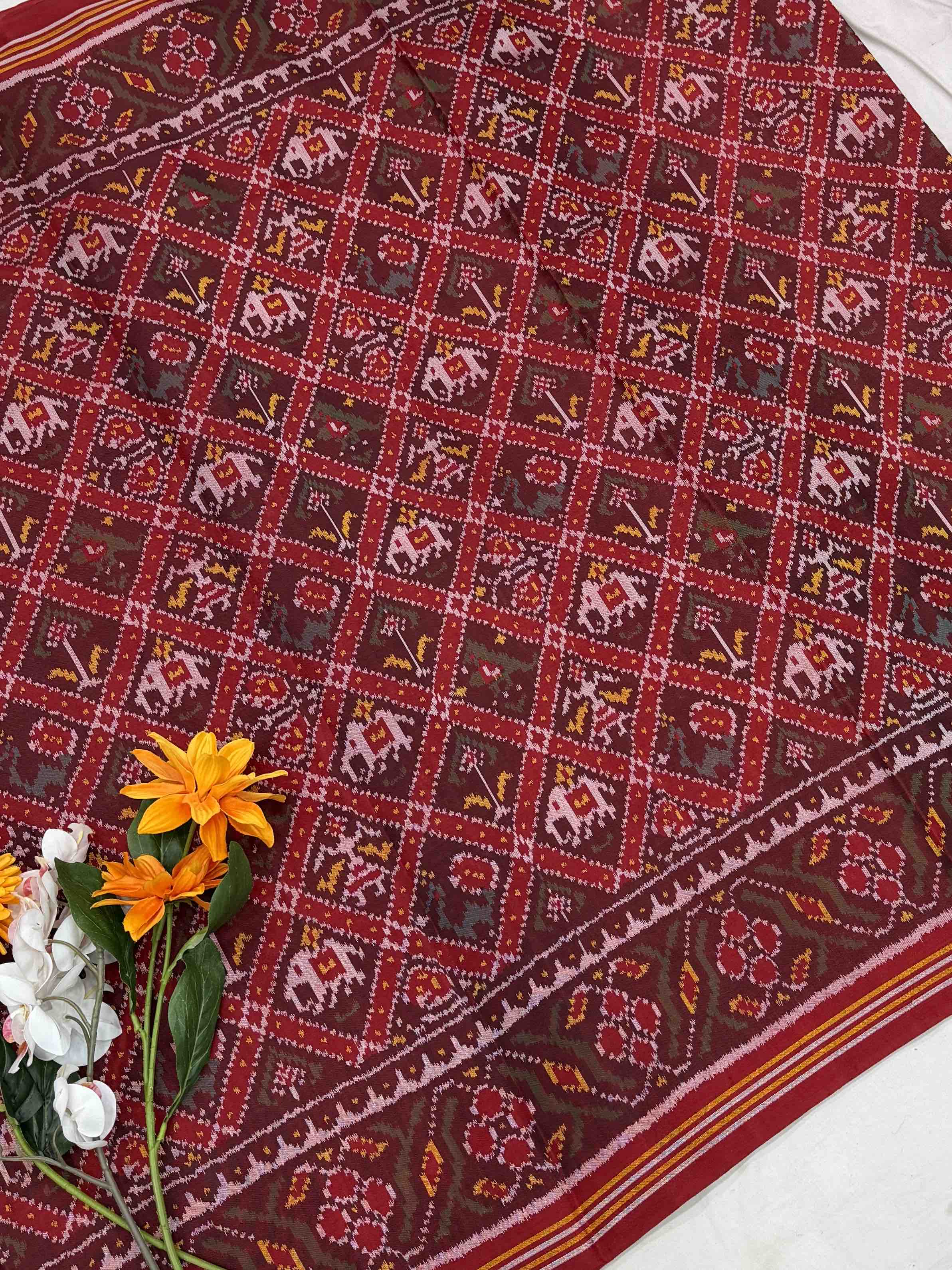 Maroon brown Narikunj single ikat Patola saree