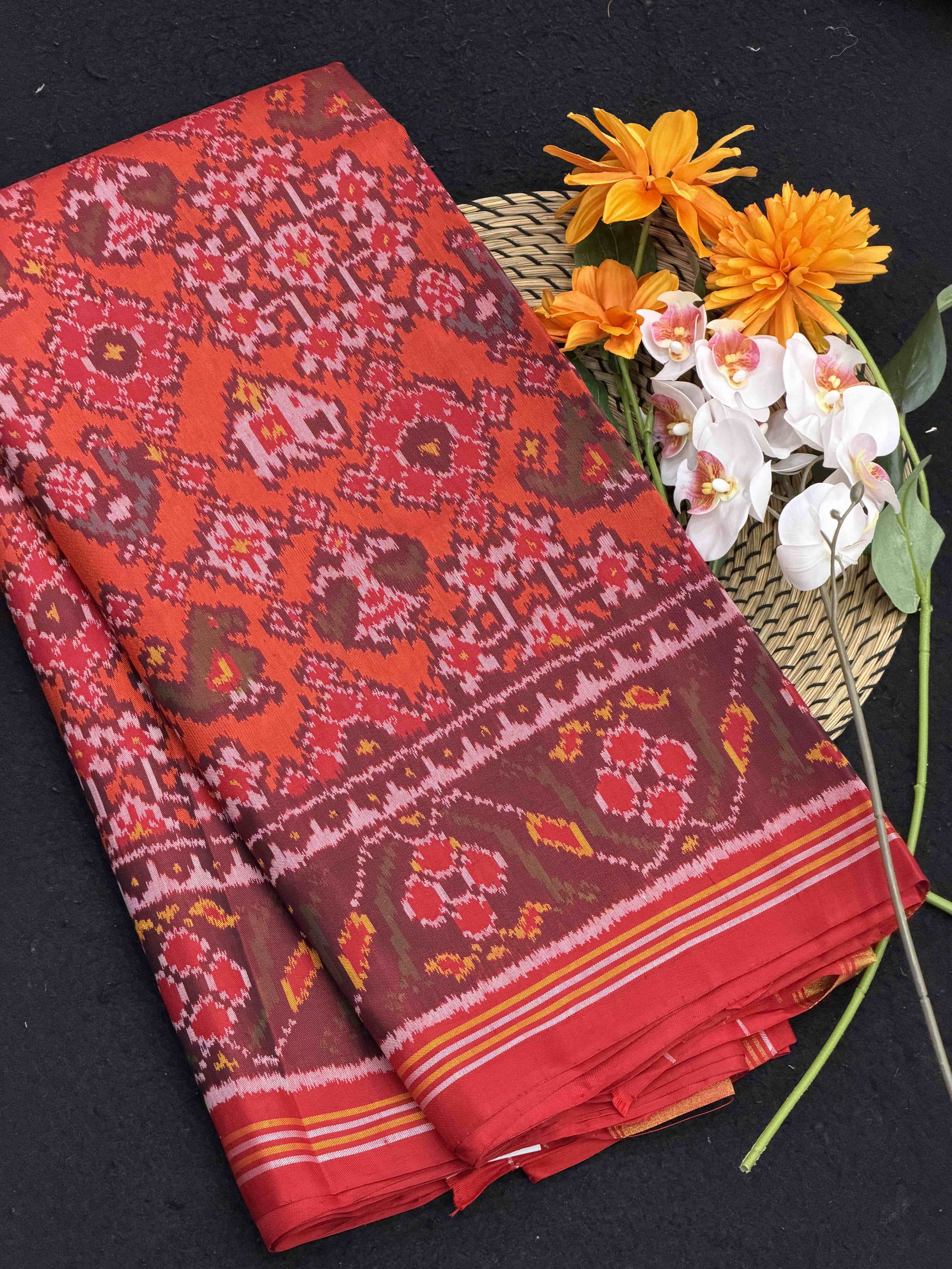 Red & orange narikunj navratan single ikat patola