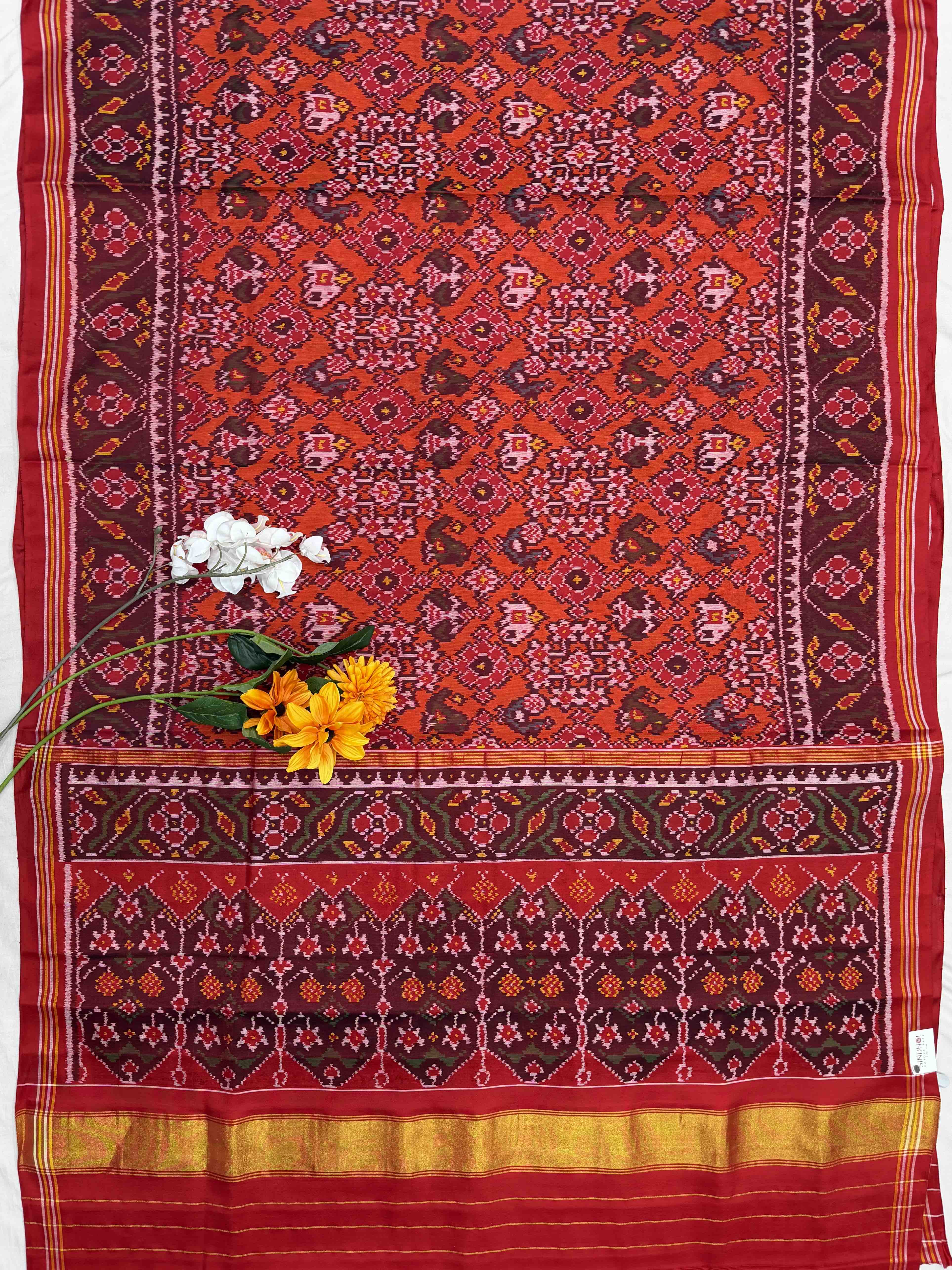 Red & orange narikunj navratan single ikat patola