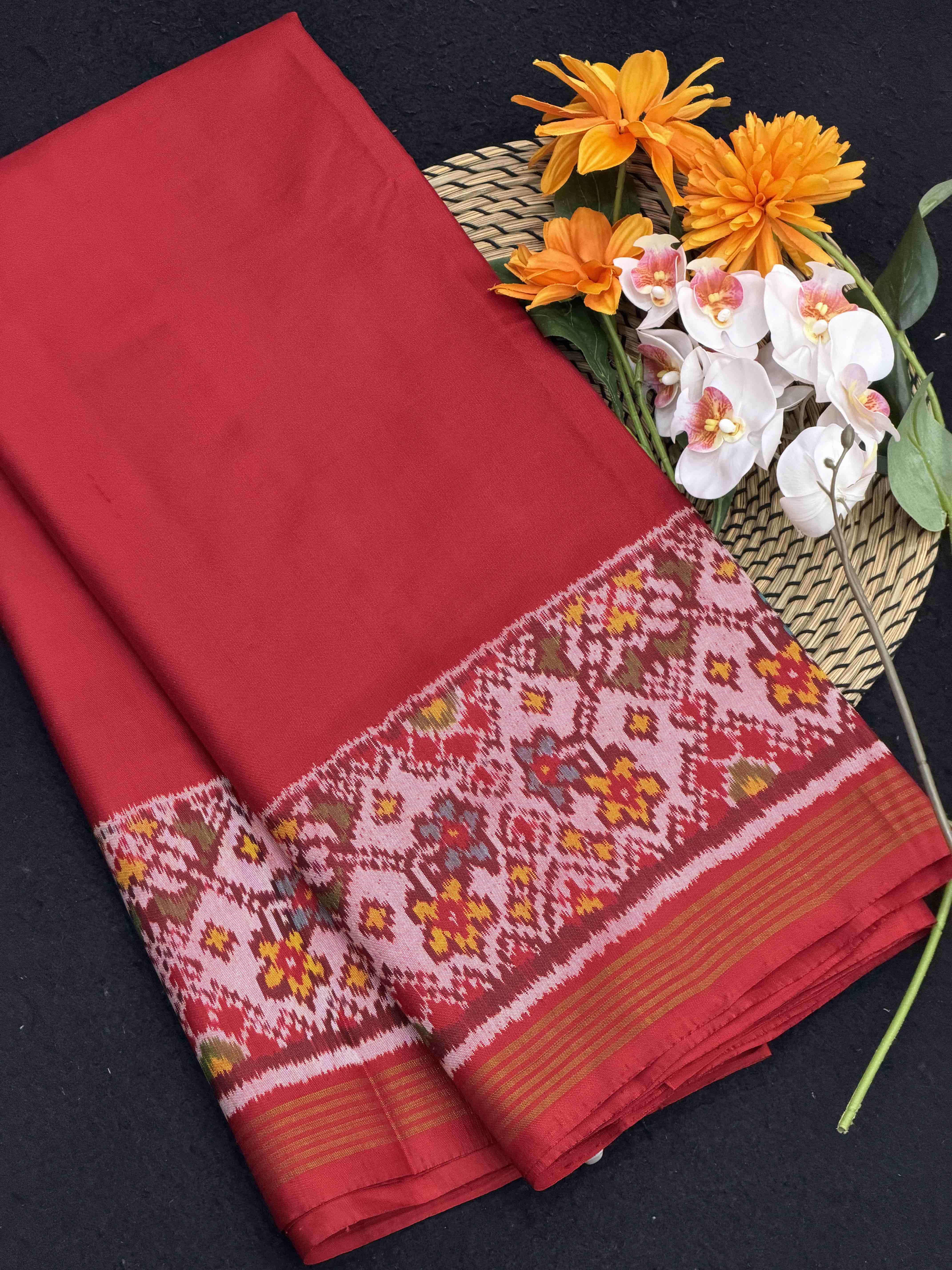 Red plain Single ikat Patan patola with navaratan Blouse