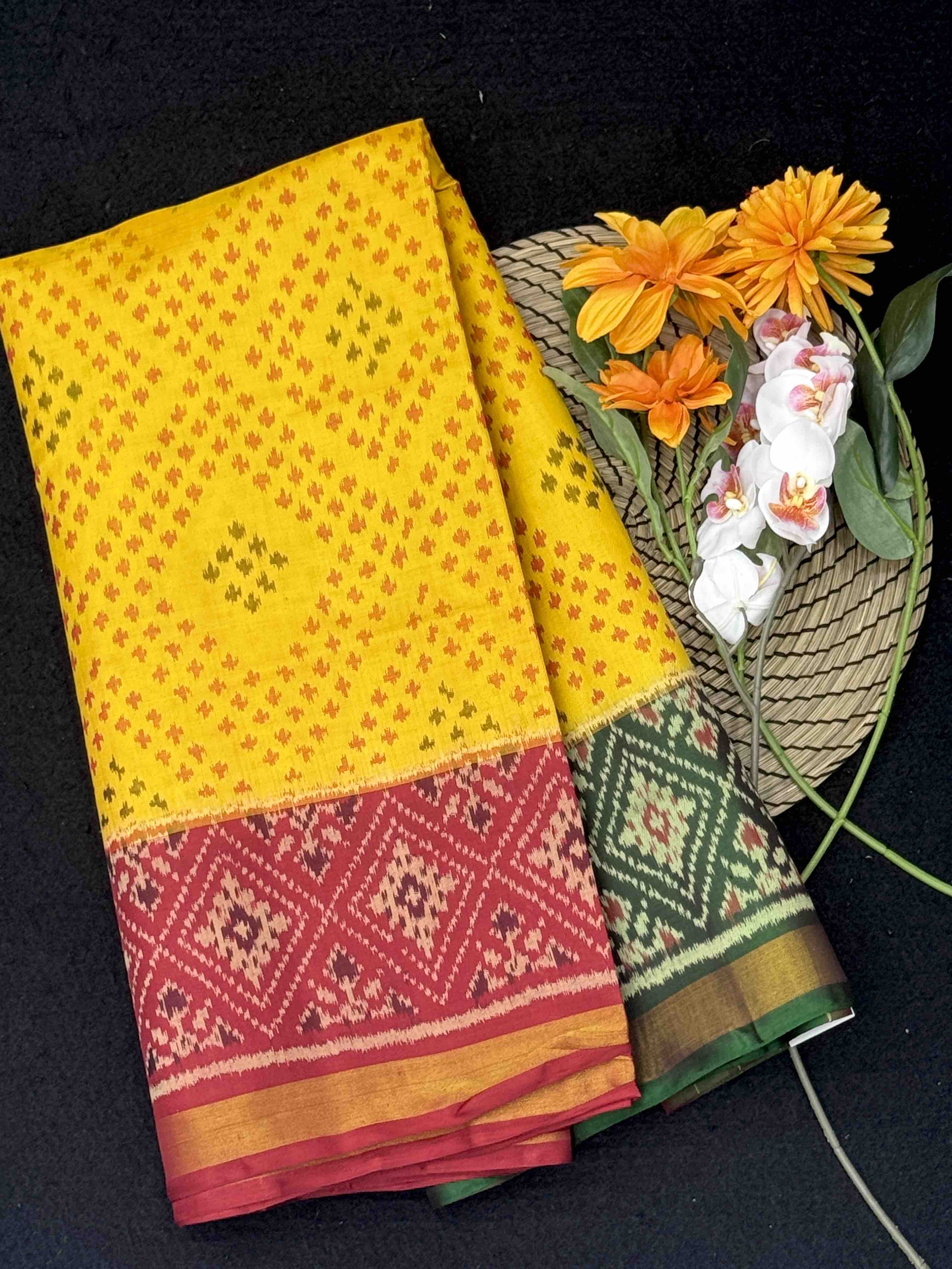 Yellow Ganga Jamuna Bandhani Booty Design Patola Saree