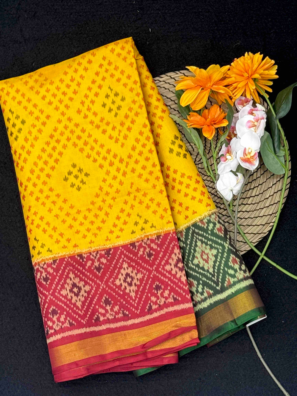 Yellow Ganga Jamuna Bandhani Booty Design Patola Saree
