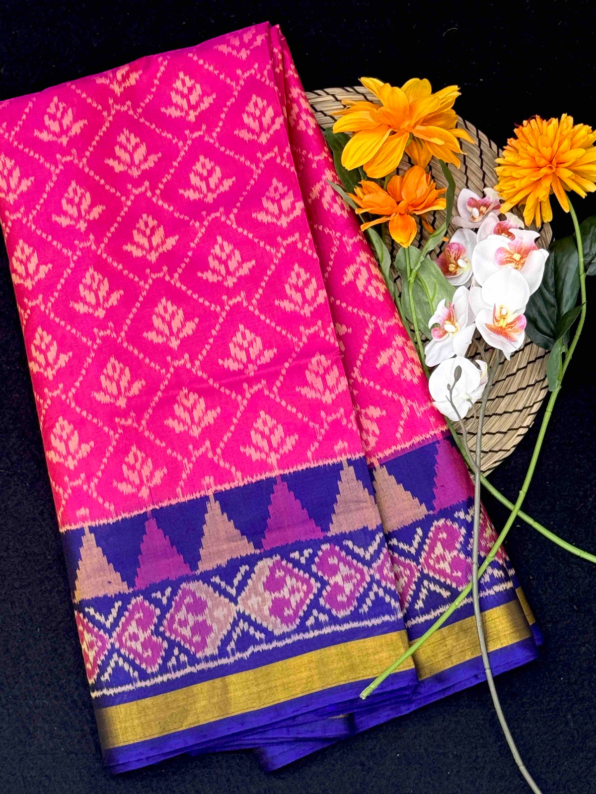 Blue & Pink Fancy Flower Designer Patola Saree