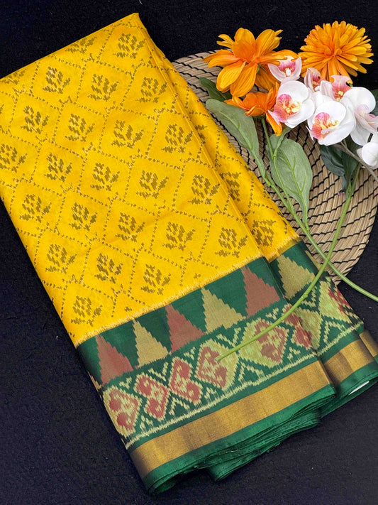 Yellow & Green Fancy Flower Patola Saree