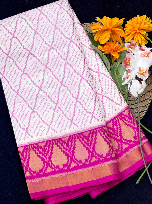 White & Pink Panchanda Booty Patola Saree