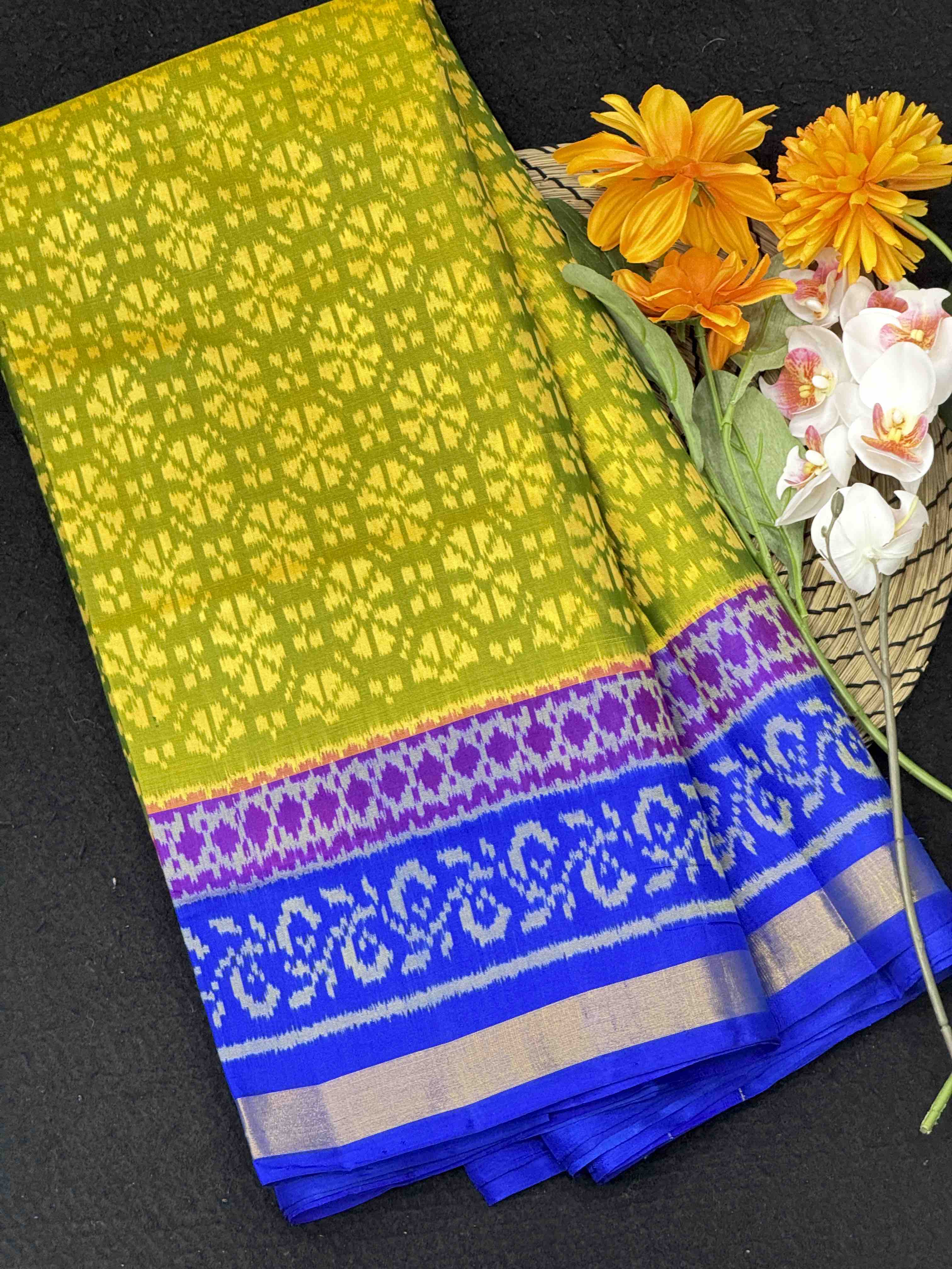 Parrot Green & Blue Fancy Flower Patola Saree