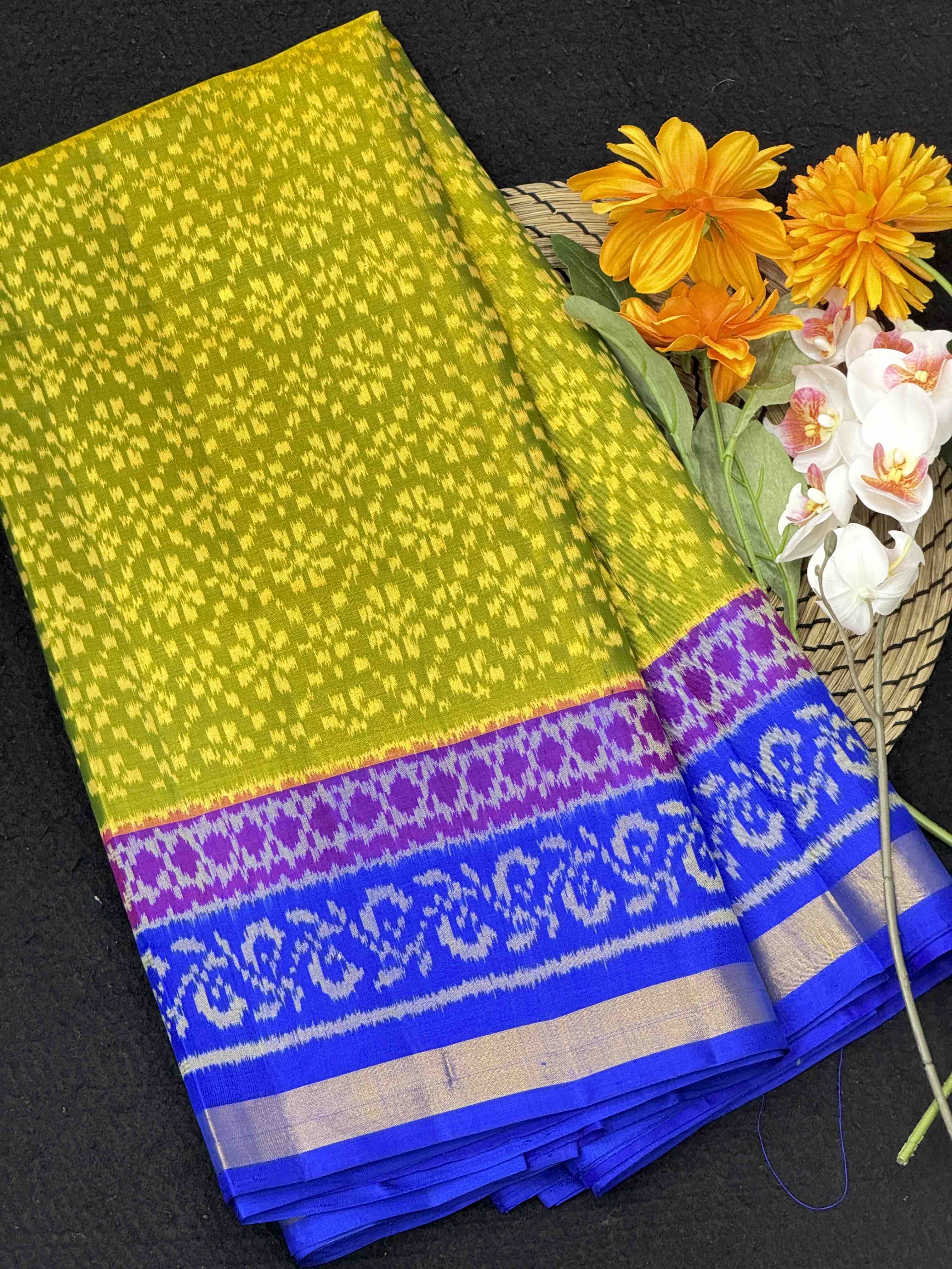 Parrot Green & Blue Fancy Flower Patola Saree