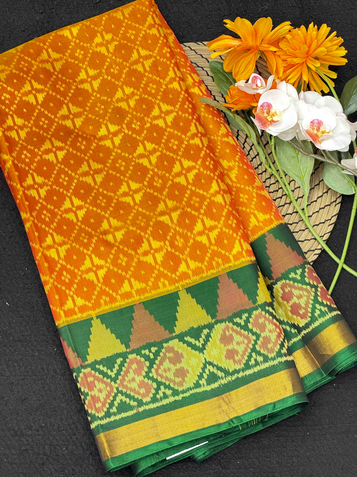 Yellowish Golden & Green Fancy Patola Saree